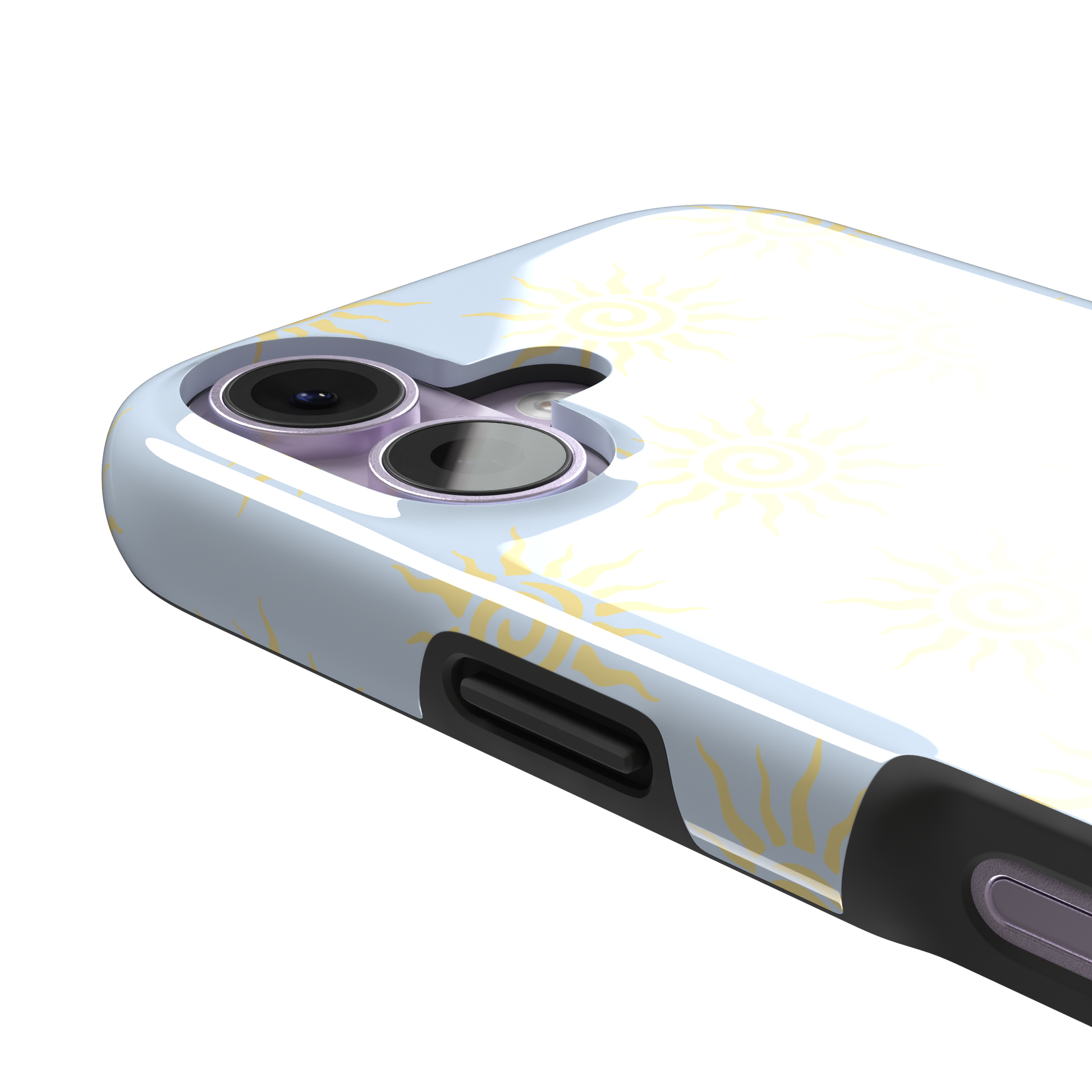 Sunkissed phone case color variant with golden yellow tribal spiral suns on a soft powder blue background, phone case by Caselier — tough case, volume buttons detail