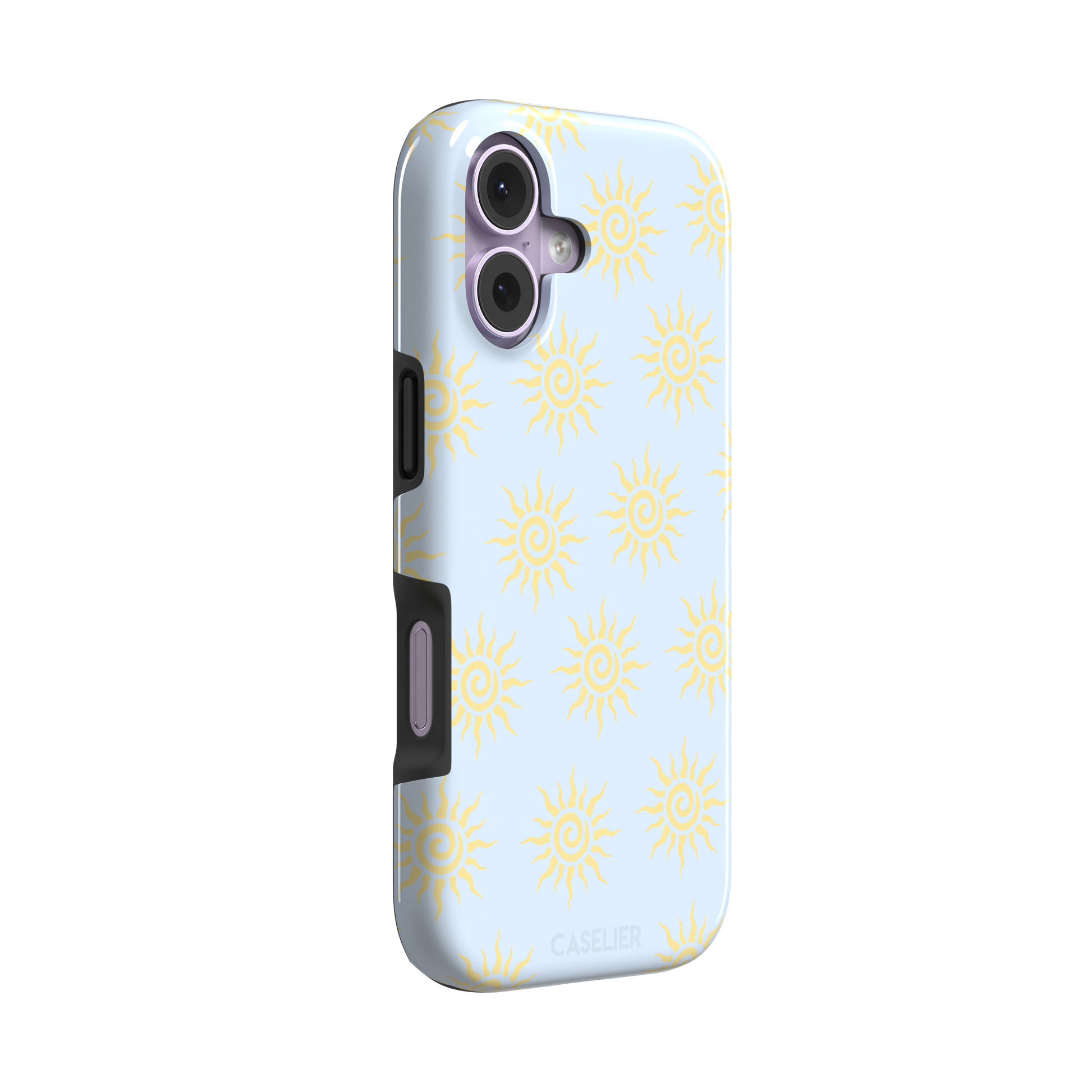 Sunkissed phone case color variant with golden yellow tribal spiral suns on a soft powder blue background, phone case by Caselier — tough case, left view