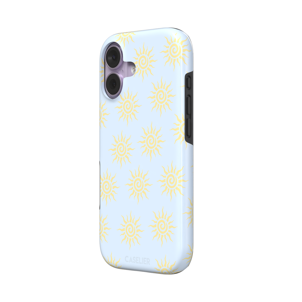 Sunkissed phone case color variant with golden yellow tribal spiral suns on a soft powder blue background, phone case by Caselier — tough case, right view