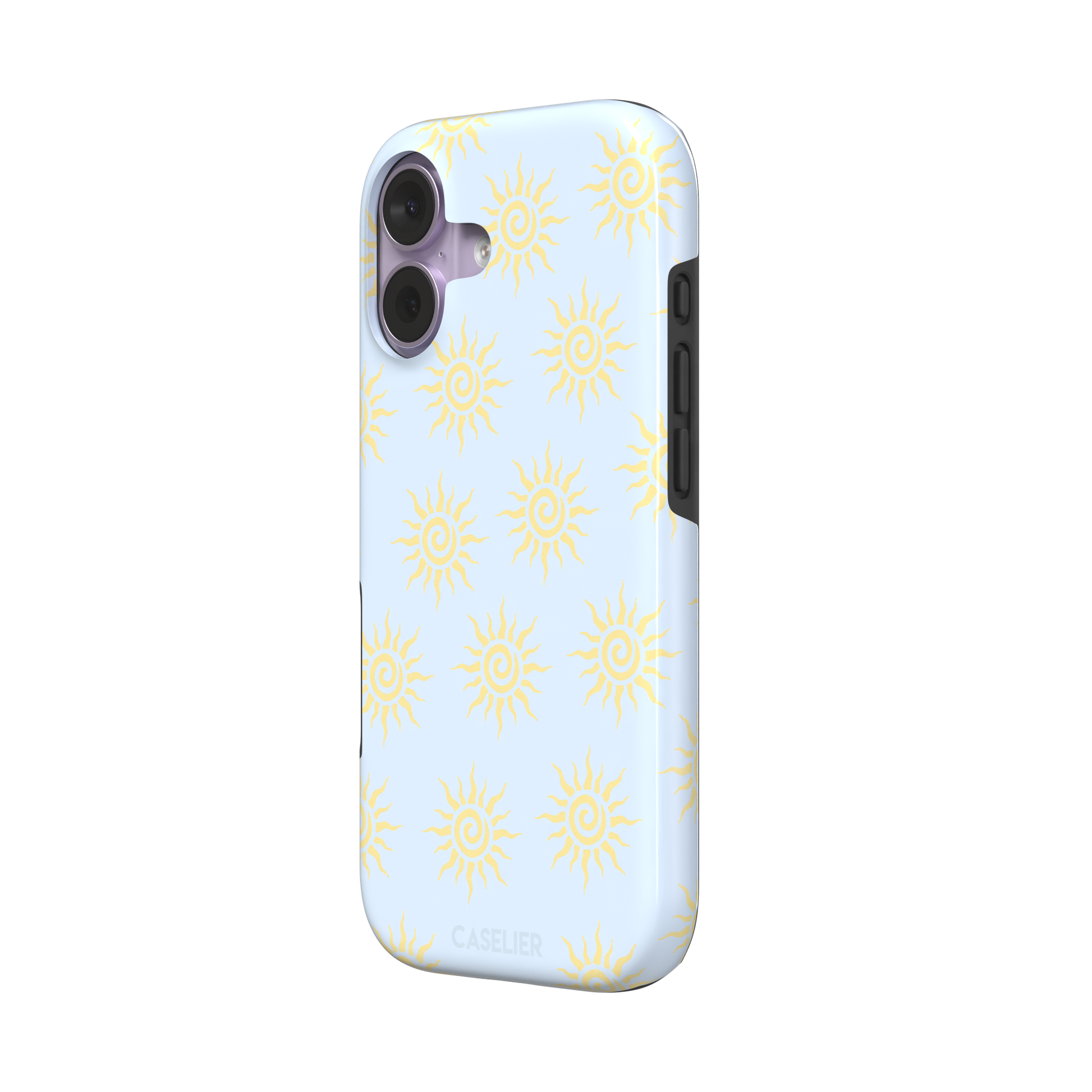 Sunkissed phone case color variant with golden yellow tribal spiral suns on a soft powder blue background, phone case by Caselier — tough case, right view
