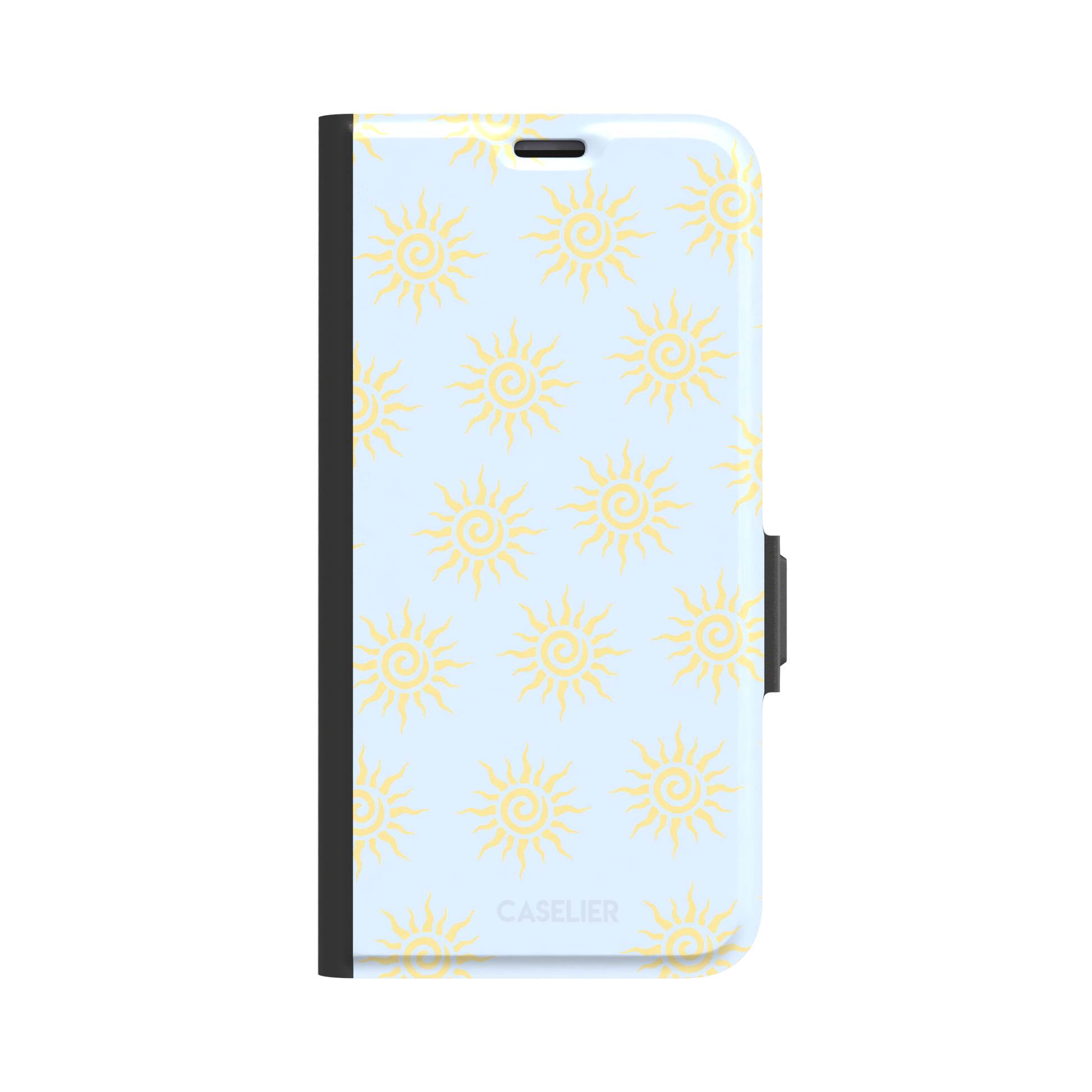 Sunkissed phone case color variant with golden yellow tribal spiral suns on a soft powder blue background, phone case by Caselier — wallet case, front view
