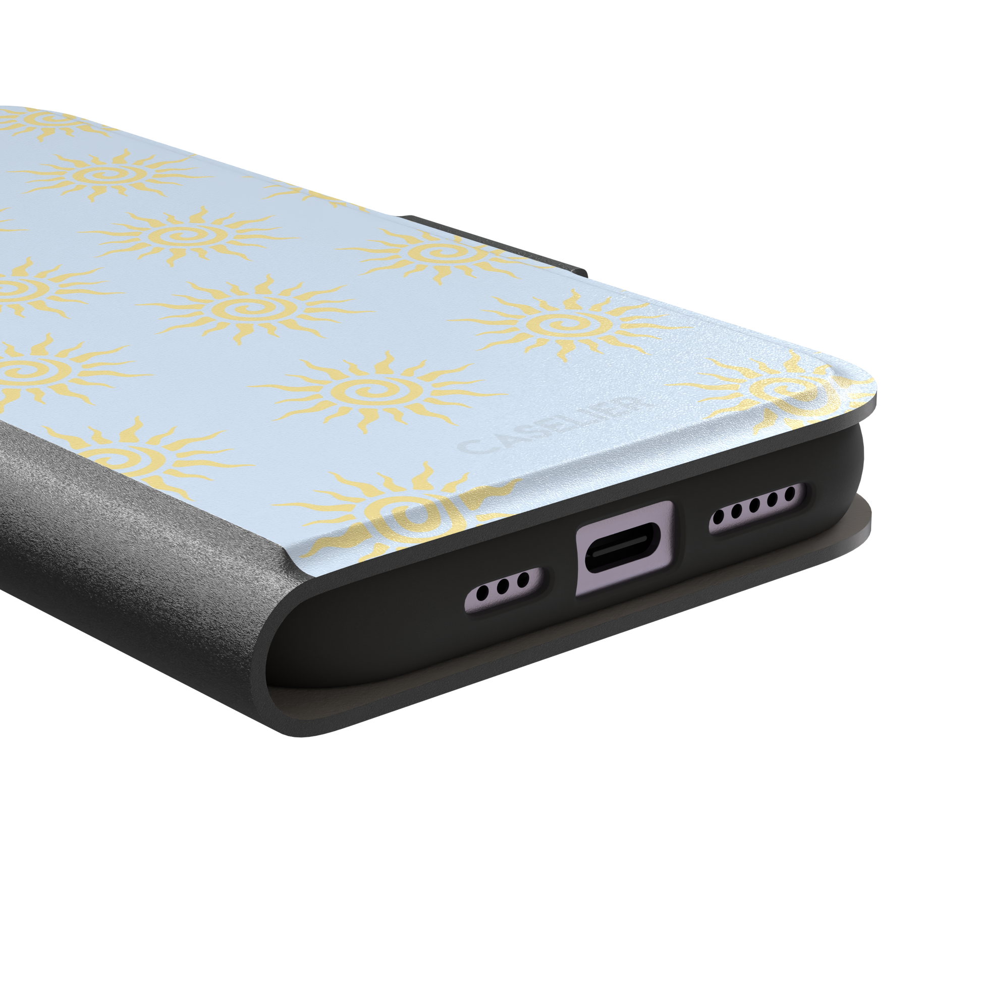 Sunkissed phone case color variant with golden yellow tribal spiral suns on a soft powder blue background, phone case by Caselier — wallet case, charging port detail