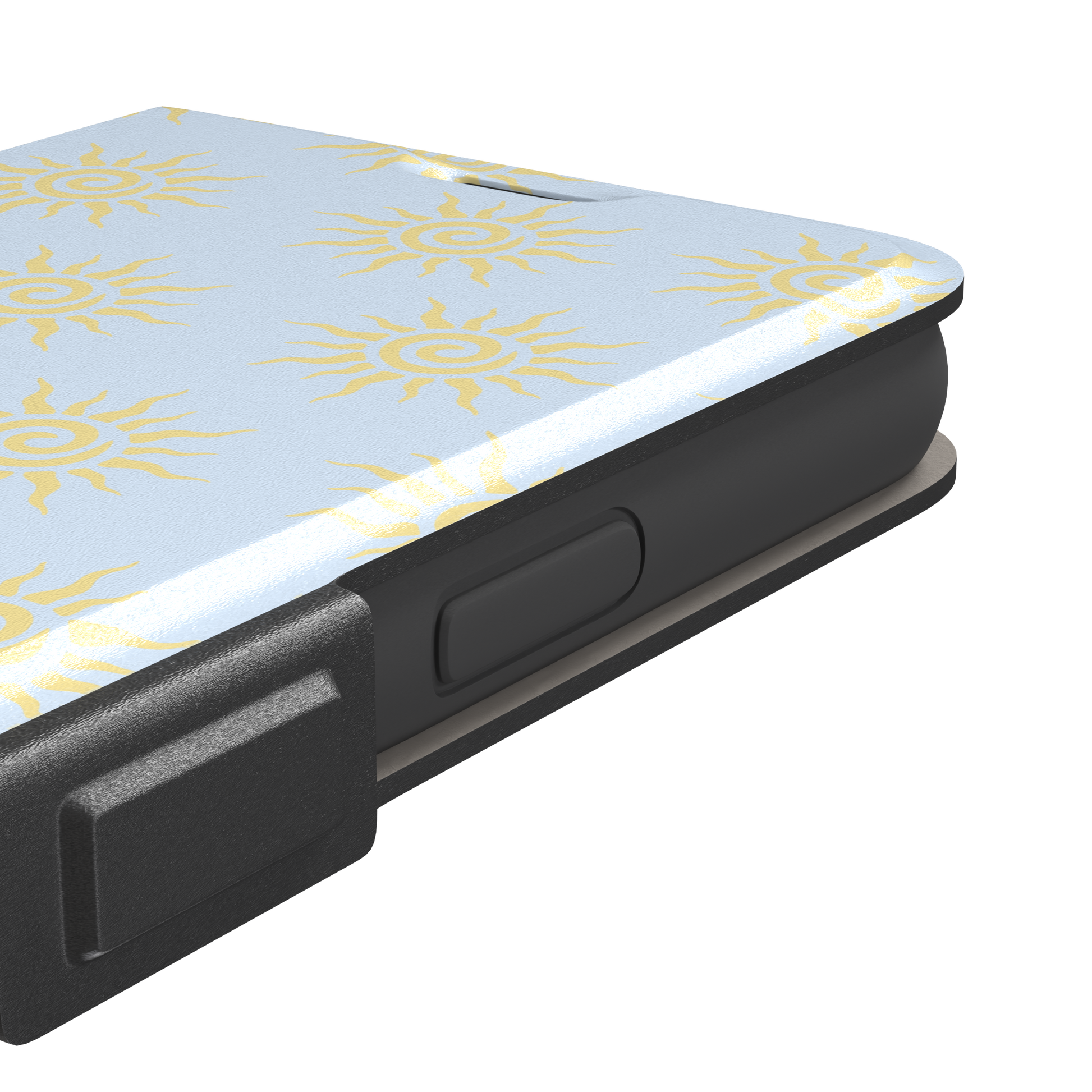 Sunkissed phone case color variant with golden yellow tribal spiral suns on a soft powder blue background, phone case by Caselier — wallet case, volume buttons detail