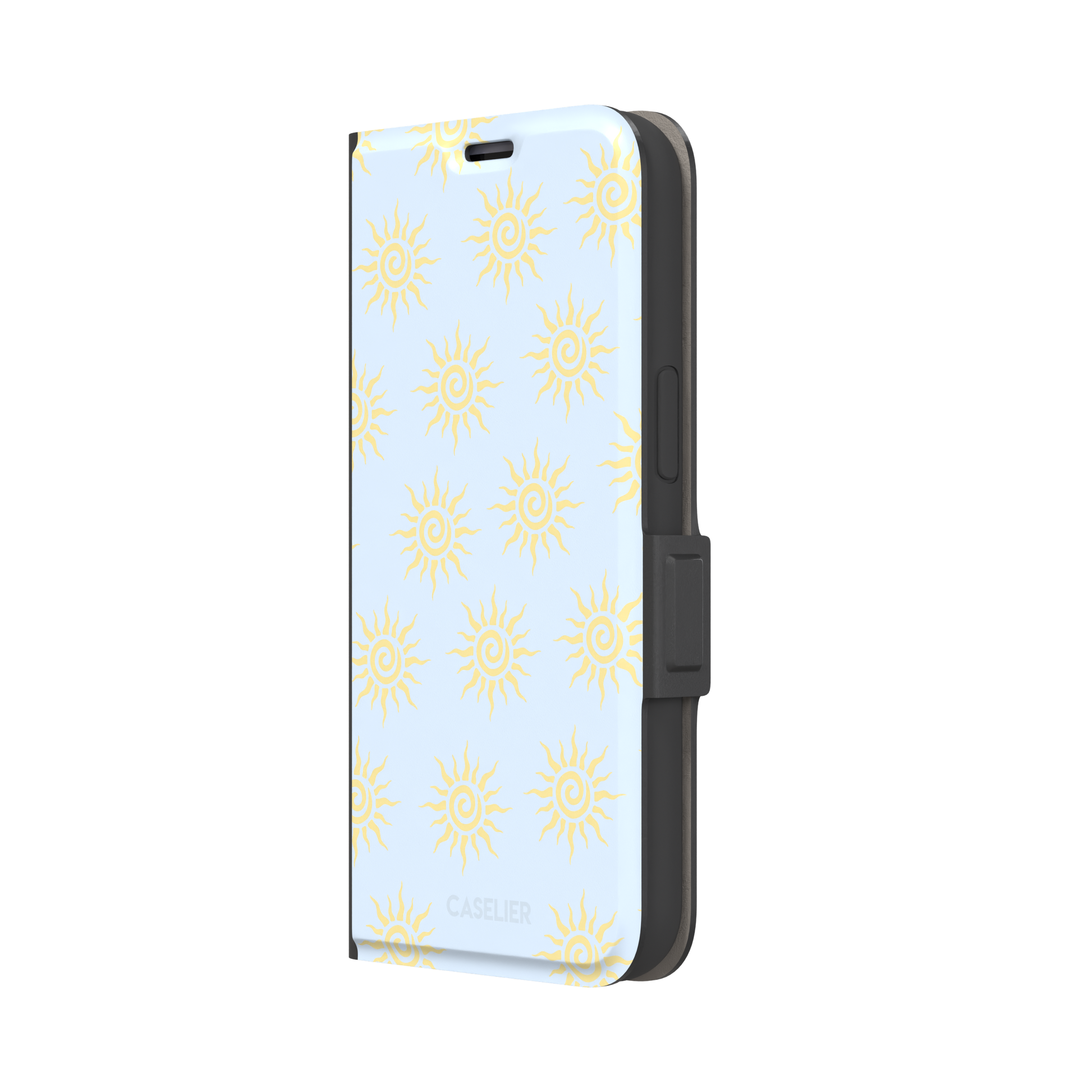 Sunkissed phone case color variant with golden yellow tribal spiral suns on a soft powder blue background, phone case by Caselier — wallet case, right view