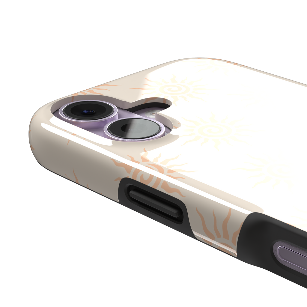 Sunkissed phone case color variant with pale peach tribal spiral suns on a warm cream background, phone case by Caselier — tough case, volume buttons detail