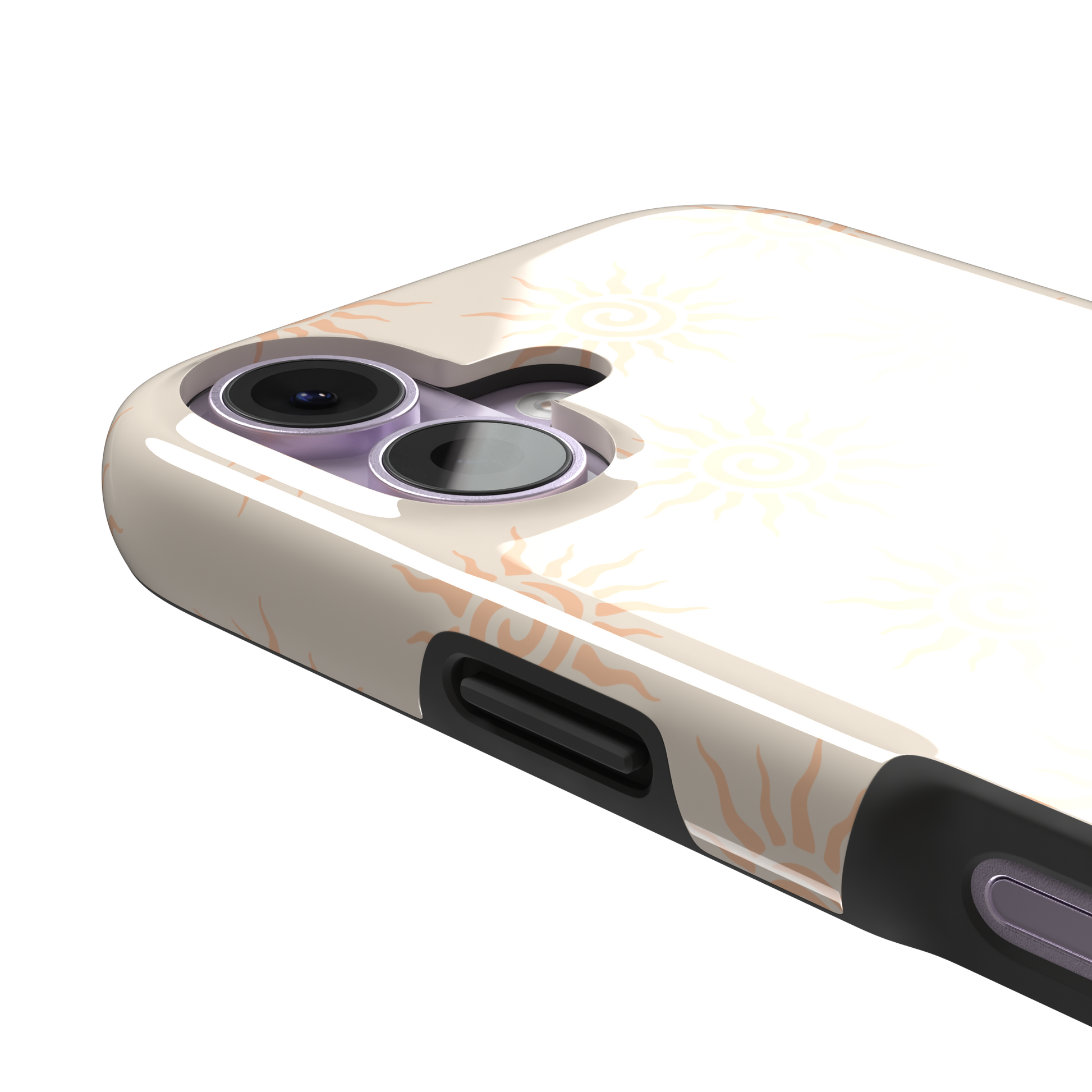 Sunkissed phone case color variant with pale peach tribal spiral suns on a warm cream background, phone case by Caselier — tough case, volume buttons detail