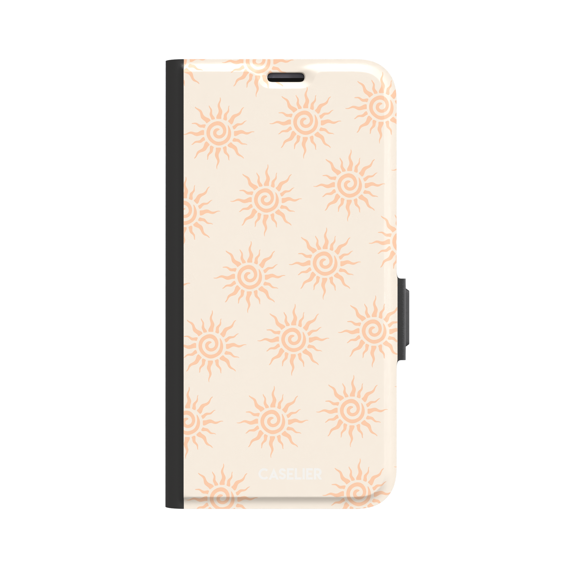 Sunkissed phone case color variant with pale peach tribal spiral suns on a warm cream background, phone case by Caselier — wallet case, front view