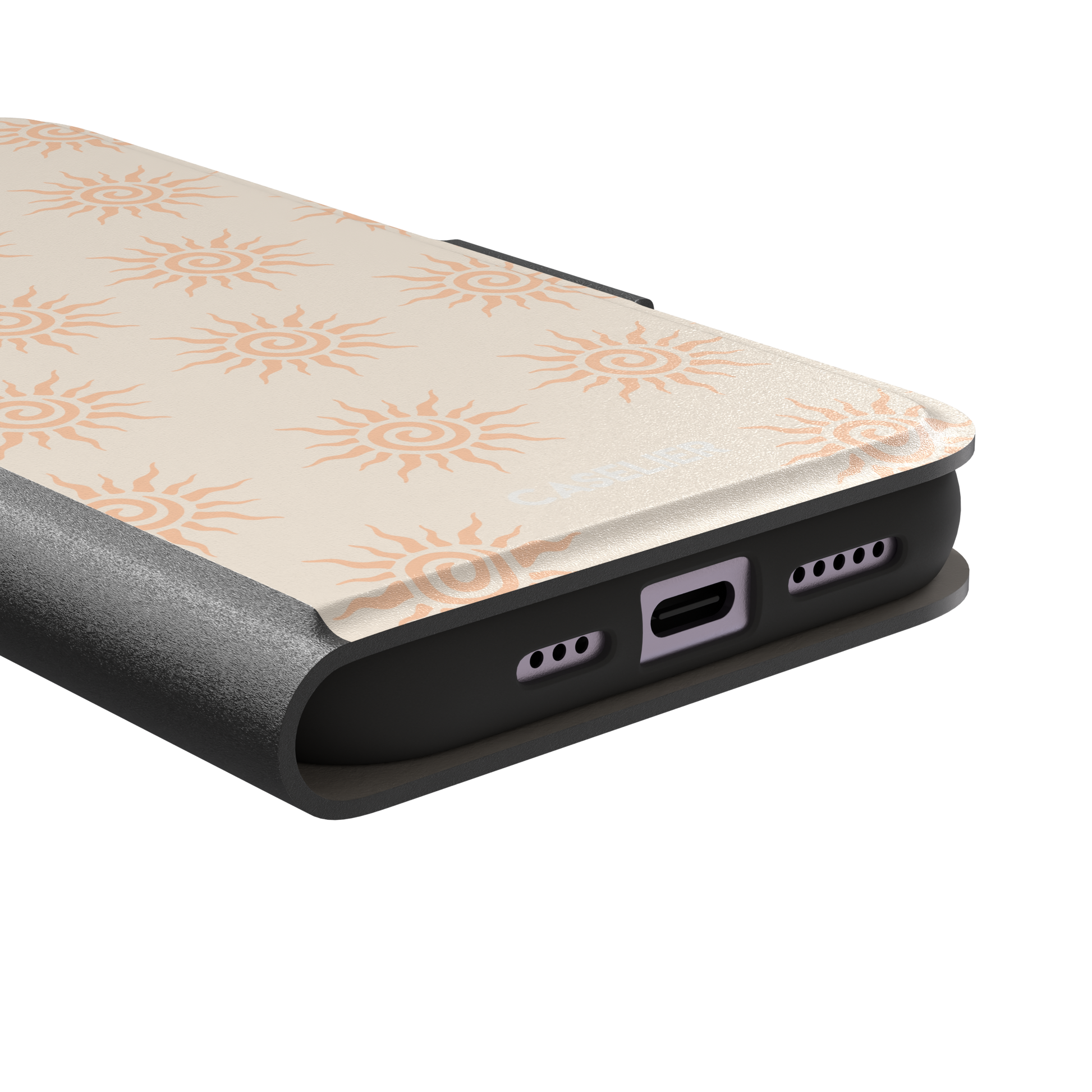Sunkissed phone case color variant with pale peach tribal spiral suns on a warm cream background, phone case by Caselier — wallet case, charging port detail