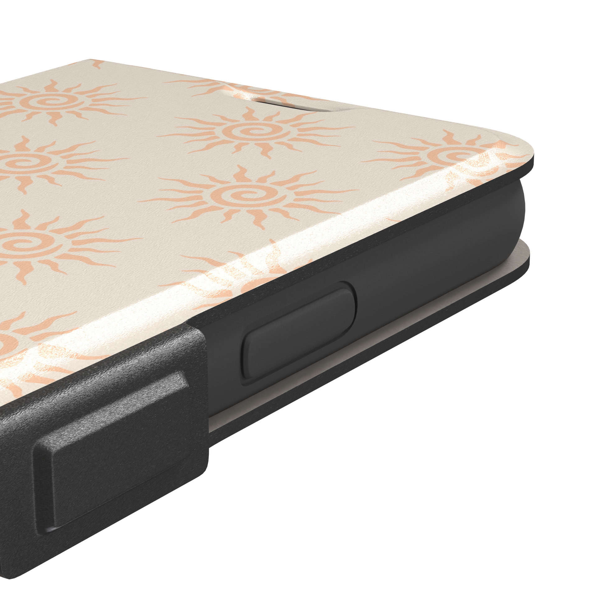 Sunkissed phone case color variant with pale peach tribal spiral suns on a warm cream background, phone case by Caselier — wallet case, volume buttons detail