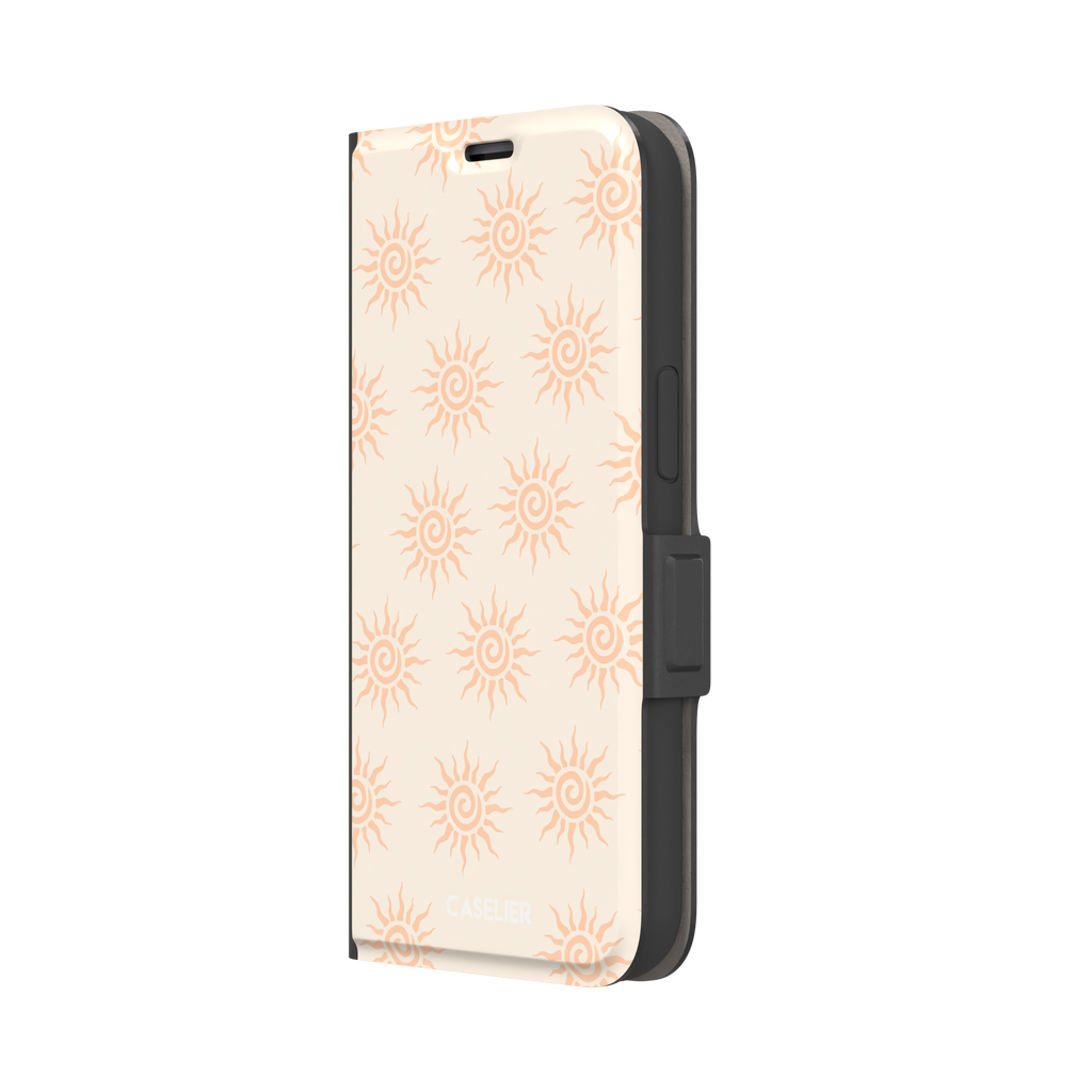 Sunkissed phone case color variant with pale peach tribal spiral suns on a warm cream background, phone case by Caselier — wallet case, right view