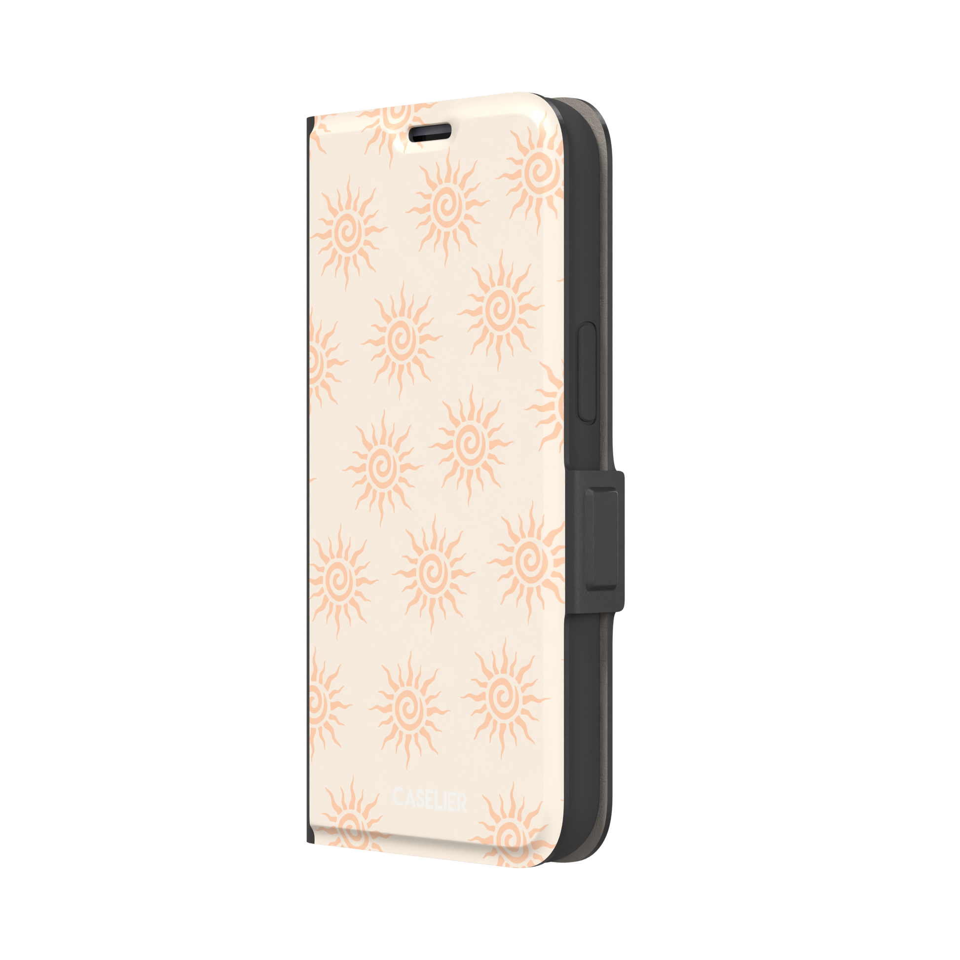 Sunkissed phone case color variant with pale peach tribal spiral suns on a warm cream background, phone case by Caselier — wallet case, right view