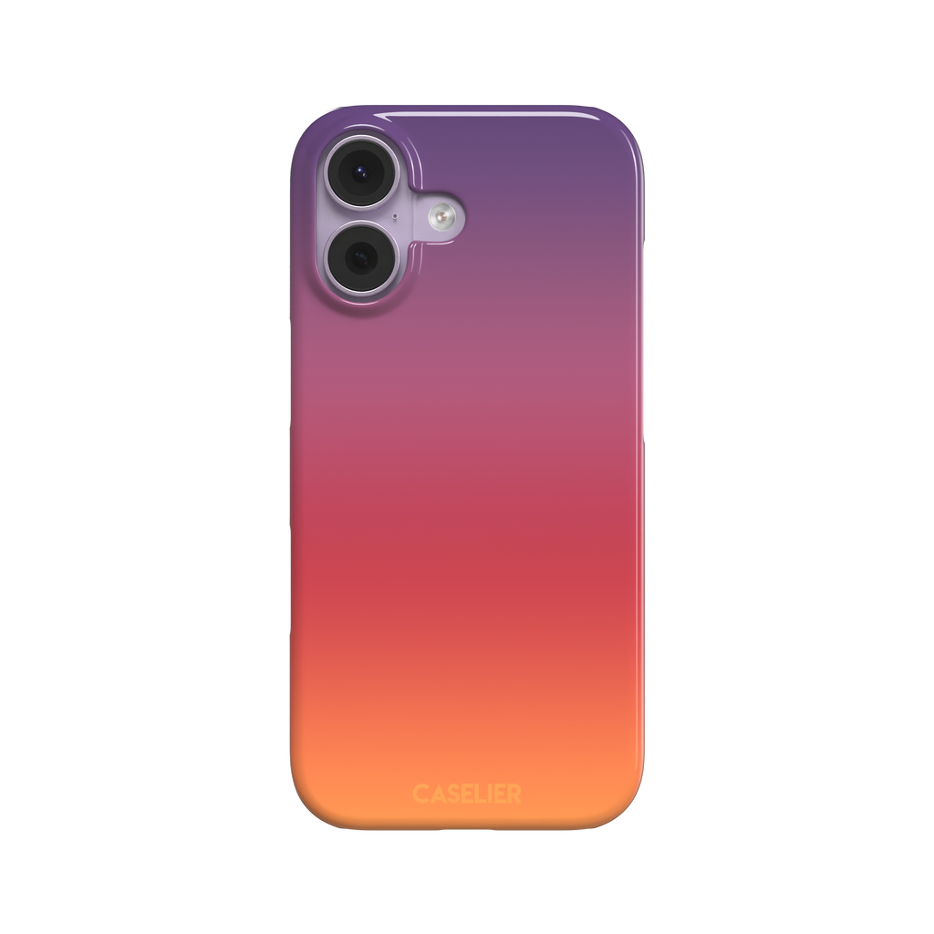 Sunrise phone case with a smooth gradient from deep purple through coral red to warm orange, part of the Memories of Summer collection, phone case by Caselier — snap case, front view