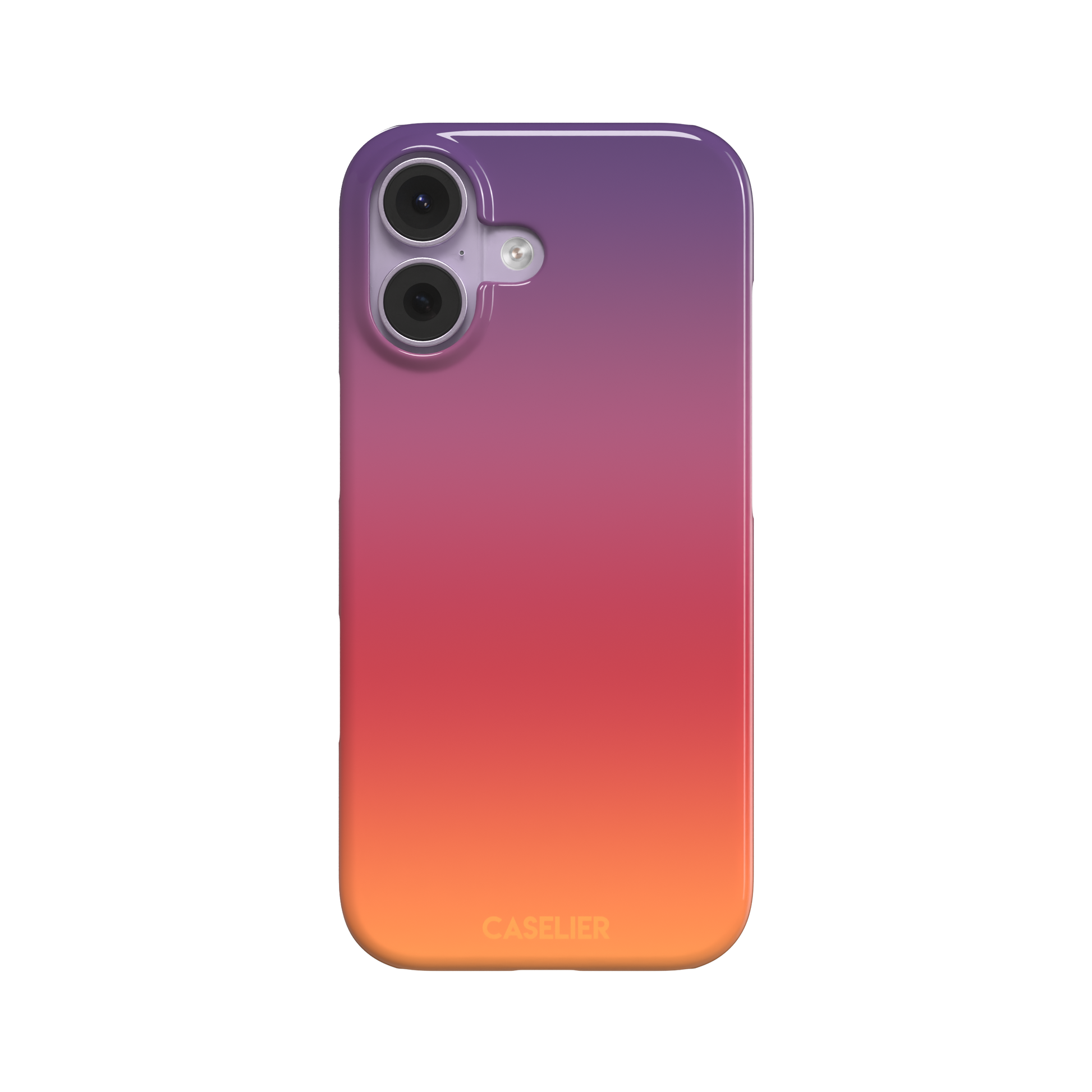 Sunrise phone case with a smooth gradient from deep purple through coral red to warm orange, part of the Memories of Summer collection, phone case by Caselier — snap case, front view