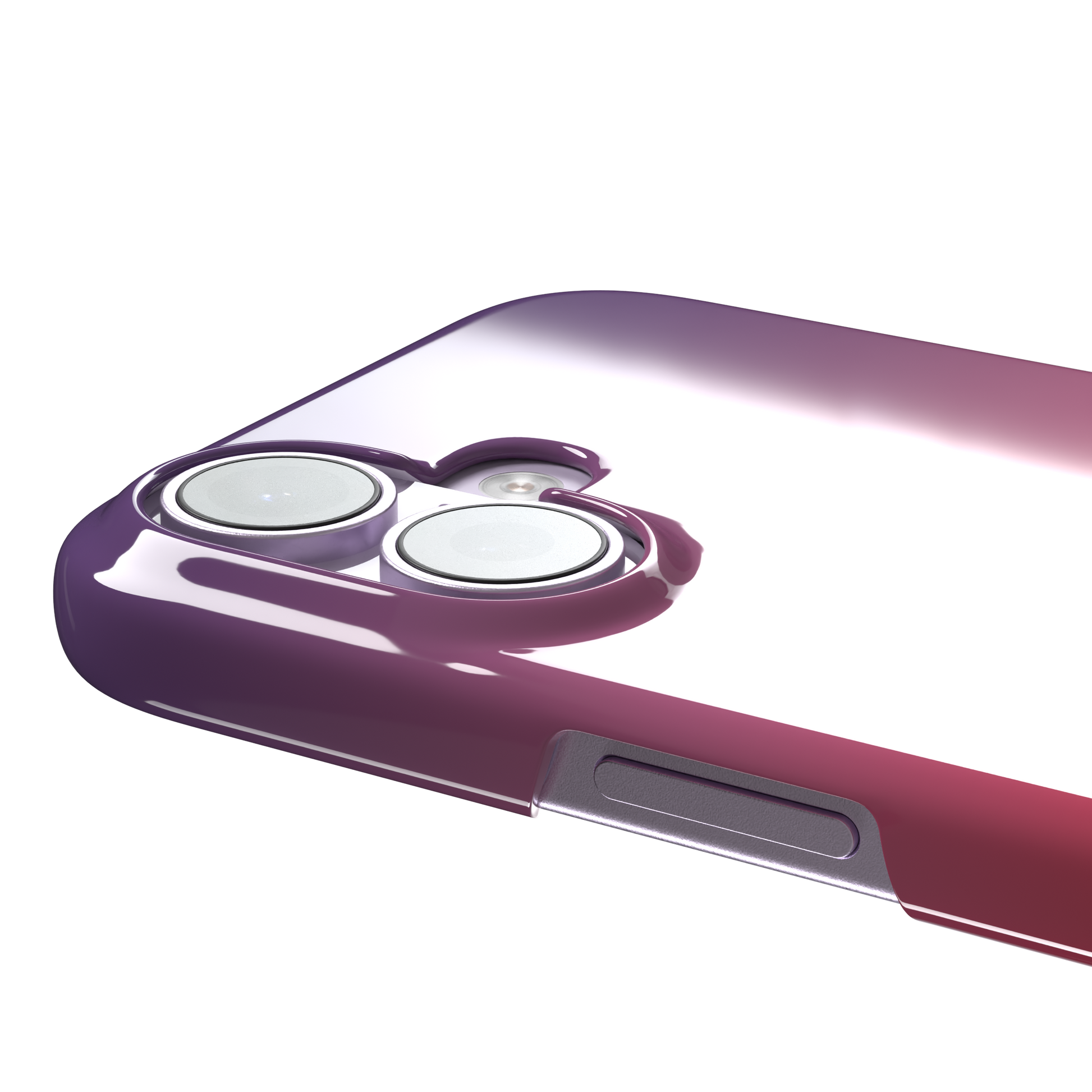Sunrise phone case with a smooth gradient from deep purple through coral red to warm orange, part of the Memories of Summer collection, phone case by Caselier — snap case, volume buttons detail
