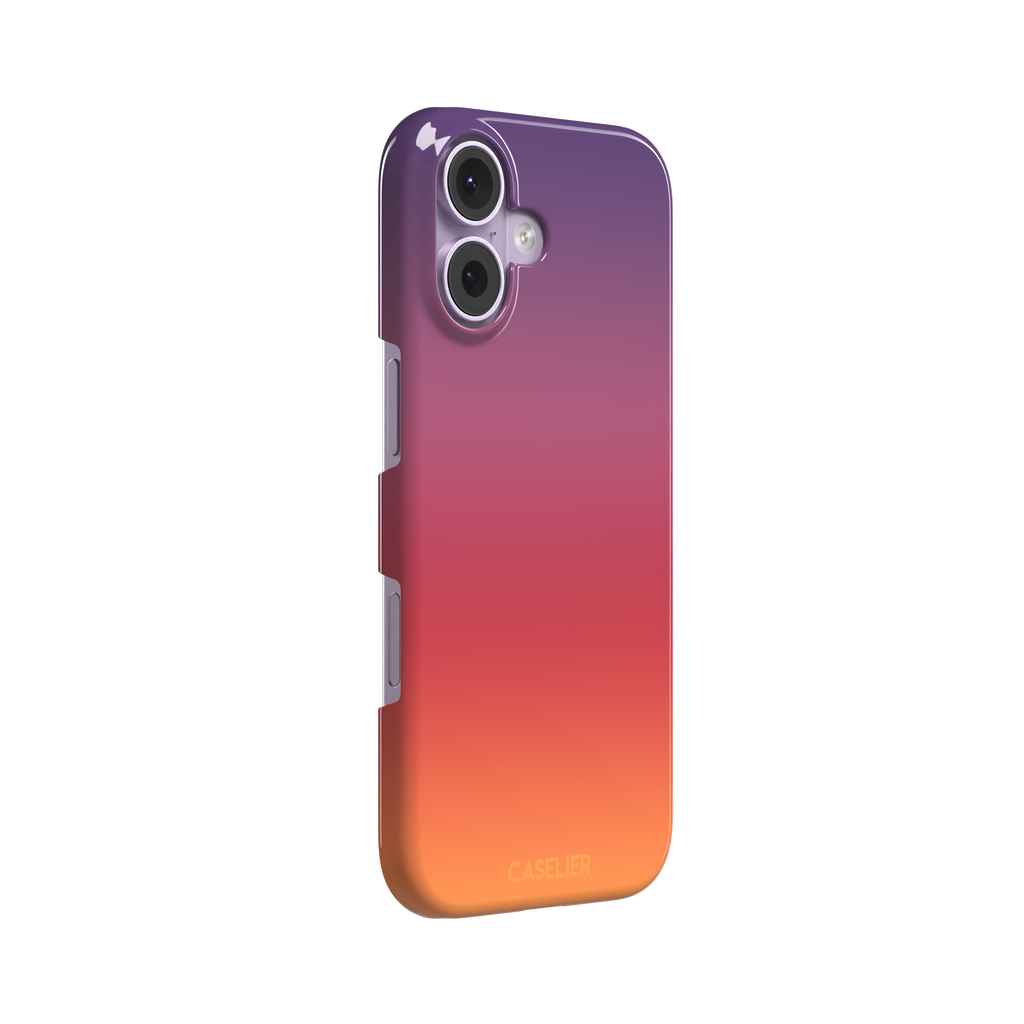 Sunrise phone case with a smooth gradient from deep purple through coral red to warm orange, part of the Memories of Summer collection, phone case by Caselier — snap case, left view
