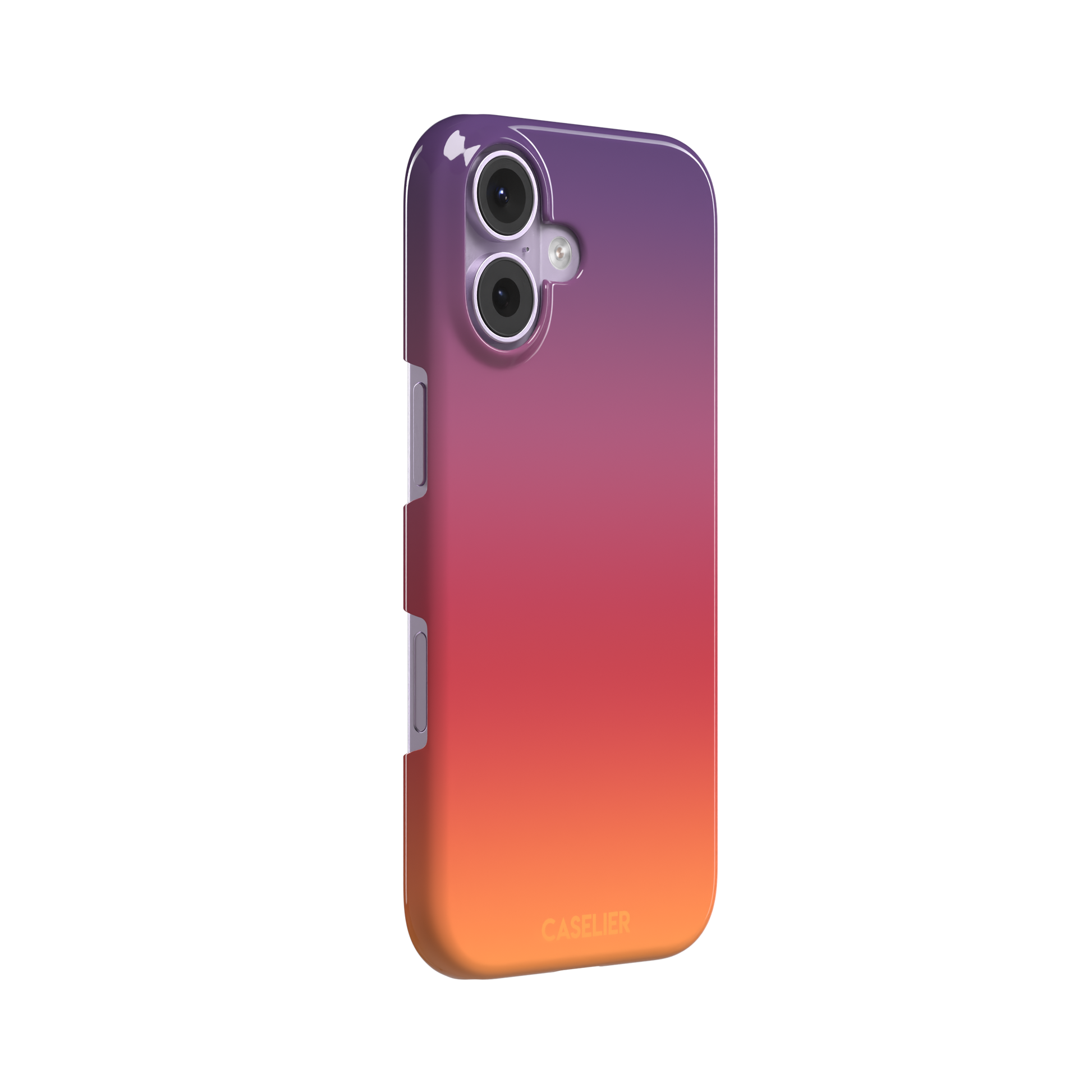 Sunrise phone case with a smooth gradient from deep purple through coral red to warm orange, part of the Memories of Summer collection, phone case by Caselier — snap case, left view