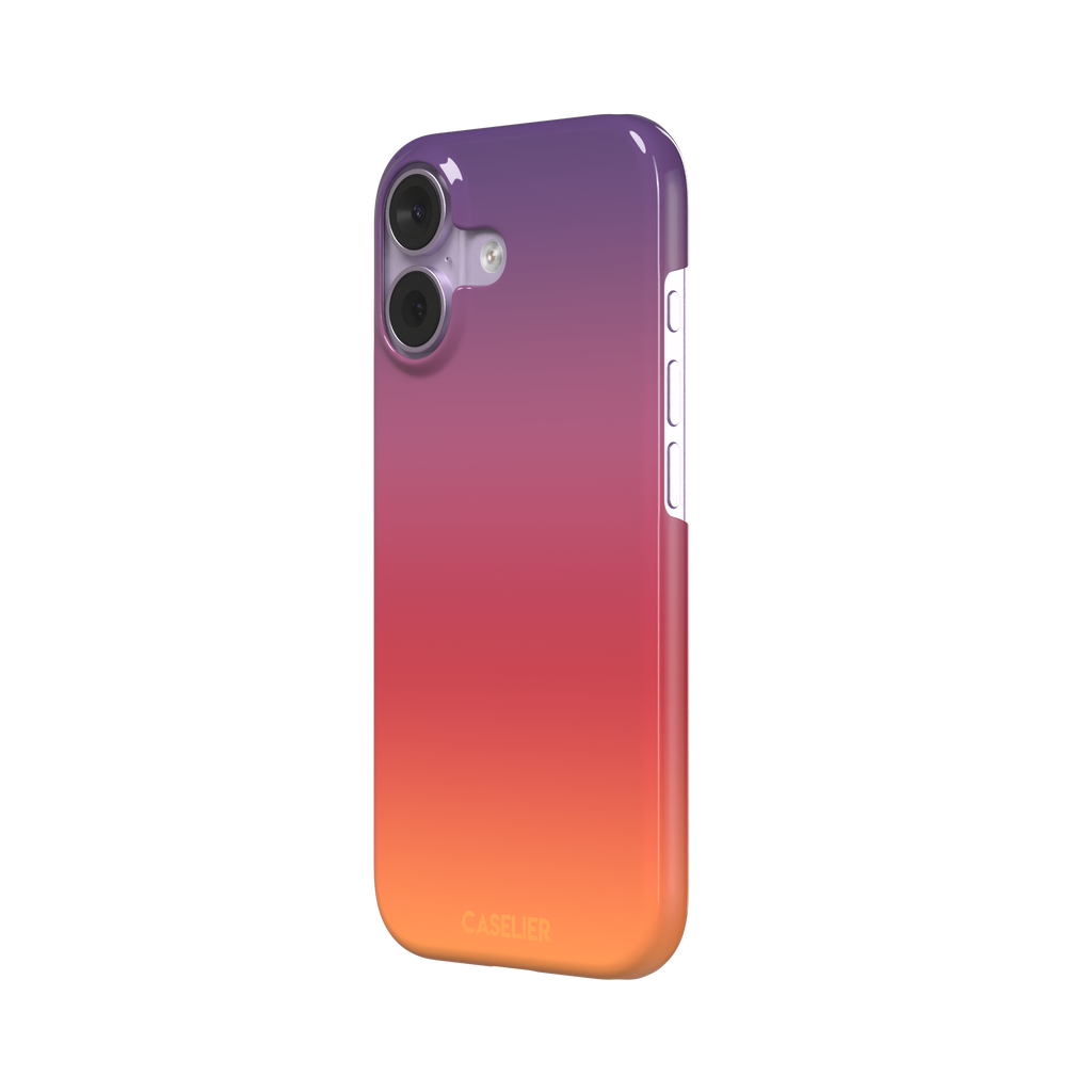 Sunrise phone case with a smooth gradient from deep purple through coral red to warm orange, part of the Memories of Summer collection, phone case by Caselier — snap case, right view
