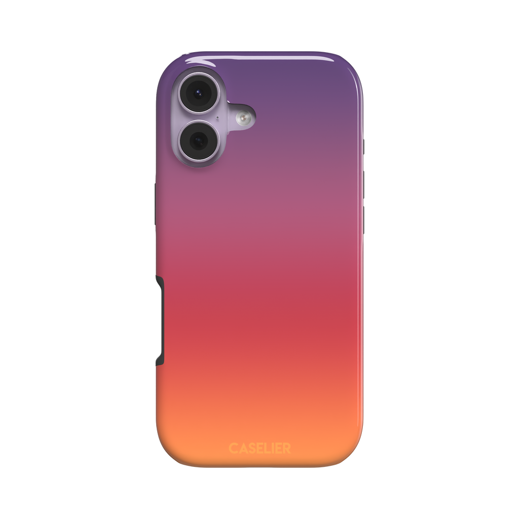 Sunrise phone case with a smooth gradient from deep purple through coral red to warm orange, part of the Memories of Summer collection, phone case by Caselier — tough case, front view