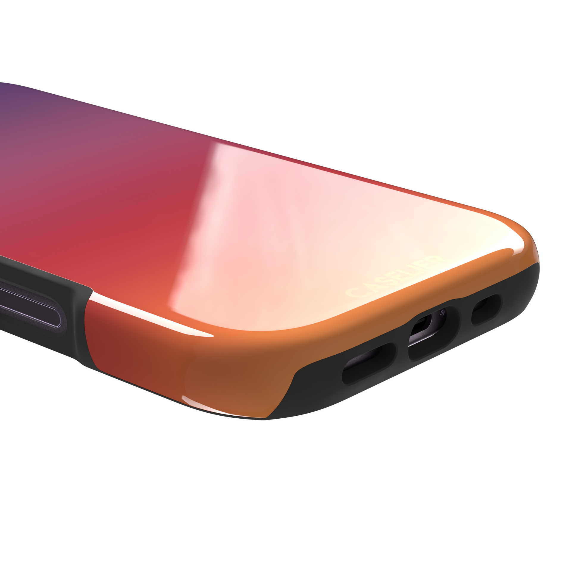 Sunrise phone case with a smooth gradient from deep purple through coral red to warm orange, part of the Memories of Summer collection, phone case by Caselier — tough case, charging port detail