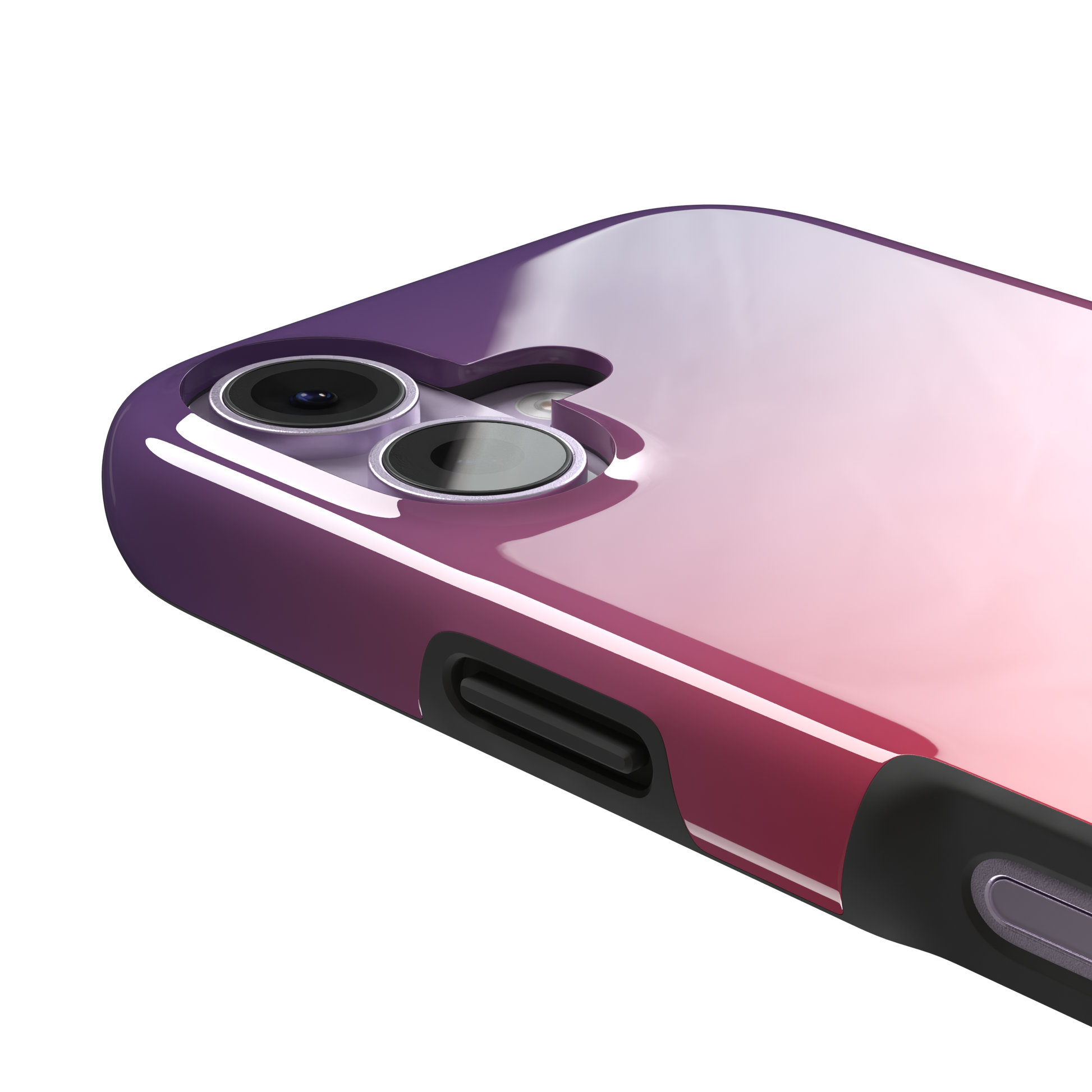 Sunrise phone case with a smooth gradient from deep purple through coral red to warm orange, part of the Memories of Summer collection, phone case by Caselier — tough case, volume buttons detail