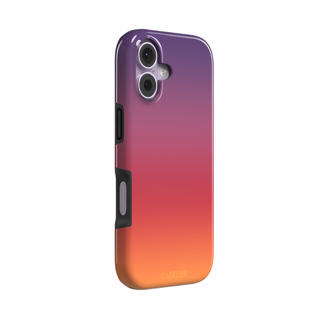 Sunrise phone case with a smooth gradient from deep purple through coral red to warm orange, part of the Memories of Summer collection, phone case by Caselier — tough case, left view