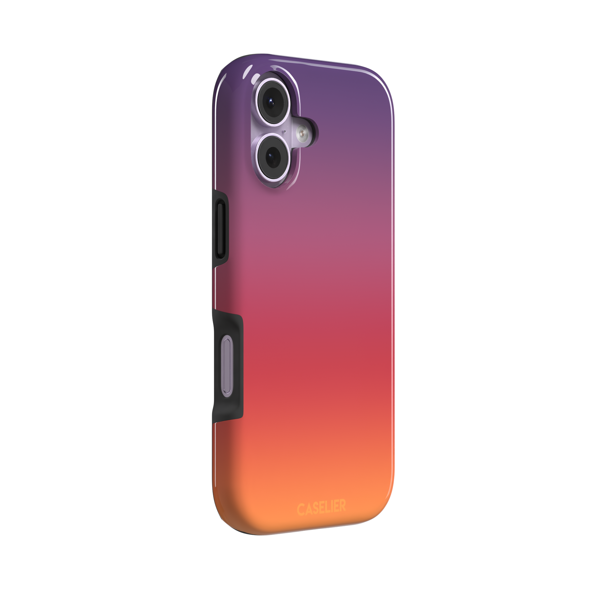 Sunrise phone case with a smooth gradient from deep purple through coral red to warm orange, part of the Memories of Summer collection, phone case by Caselier — tough case, left view