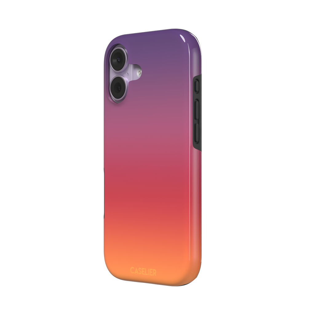 Sunrise phone case with a smooth gradient from deep purple through coral red to warm orange, part of the Memories of Summer collection, phone case by Caselier — tough case, right view