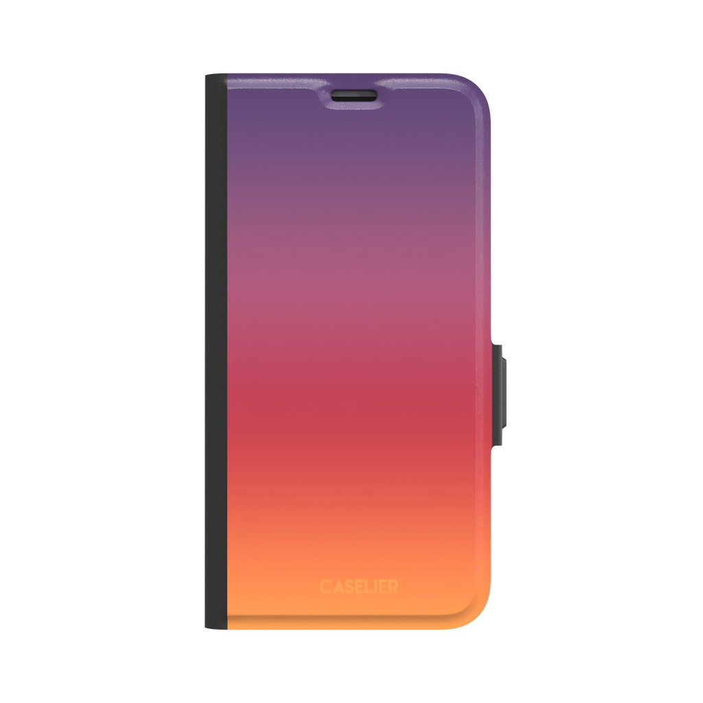 Sunrise phone case with a smooth gradient from deep purple through coral red to warm orange, part of the Memories of Summer collection, phone case by Caselier — wallet case, front view