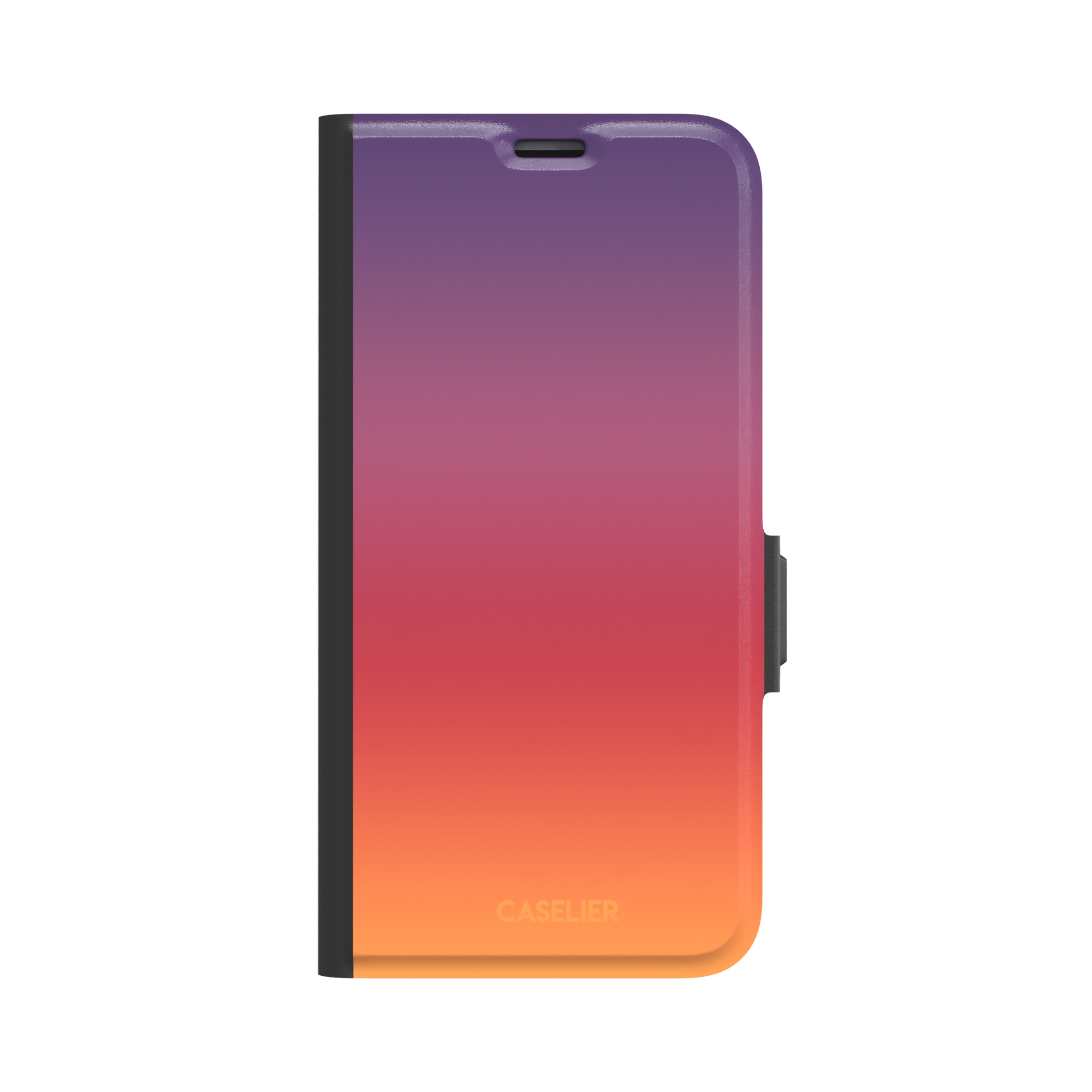 Sunrise phone case with a smooth gradient from deep purple through coral red to warm orange, part of the Memories of Summer collection, phone case by Caselier — wallet case, front view