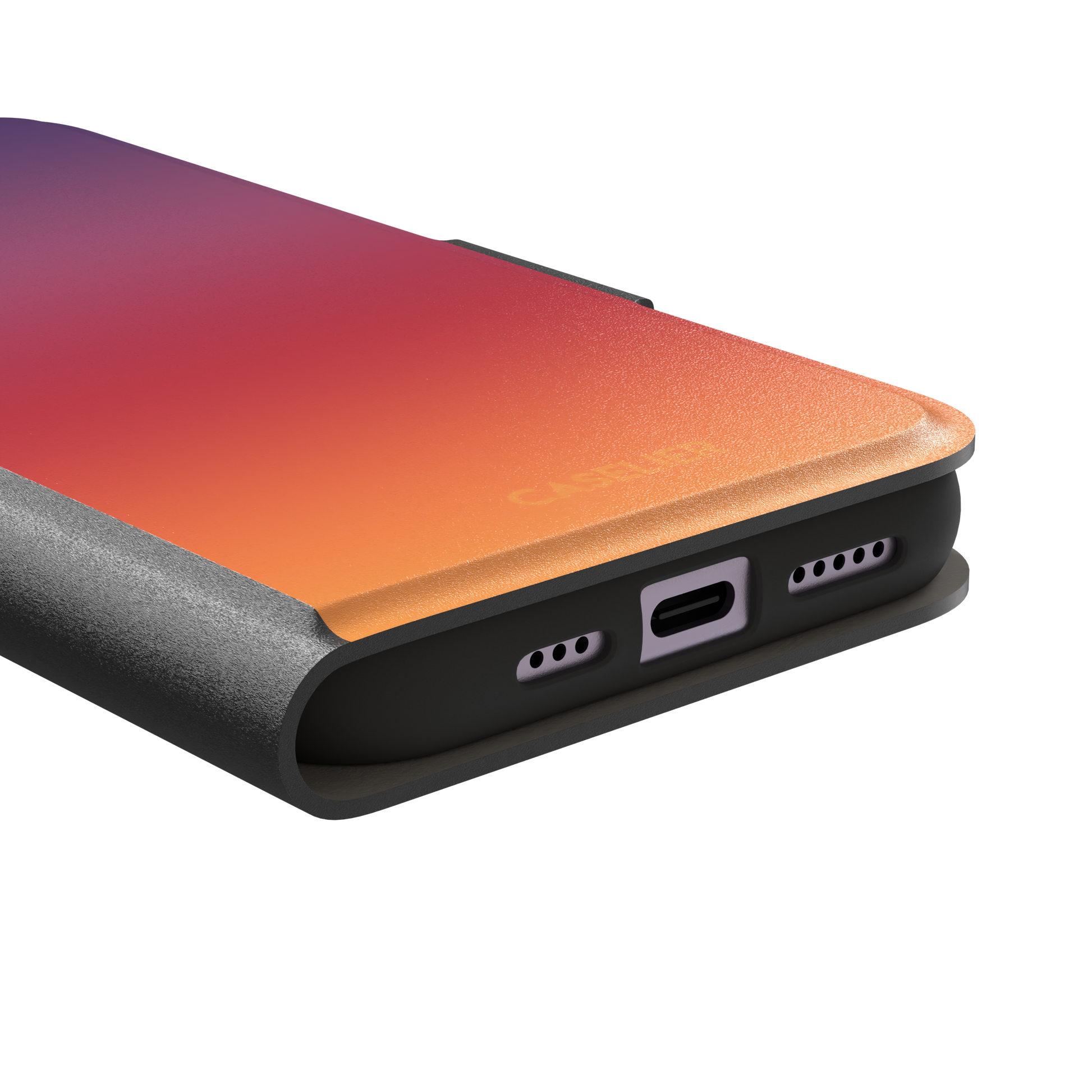 Sunrise phone case with a smooth gradient from deep purple through coral red to warm orange, part of the Memories of Summer collection, phone case by Caselier — wallet case, charging port detail