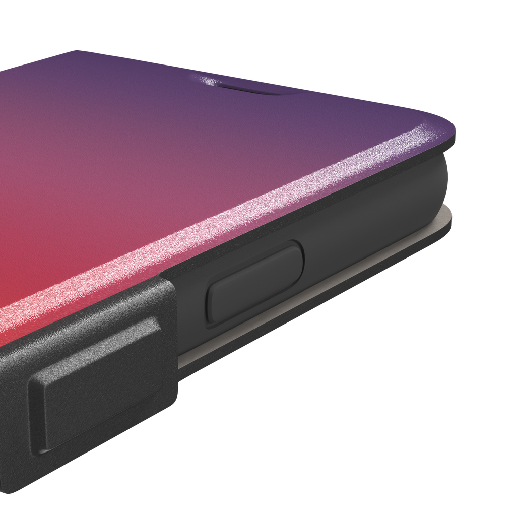 Sunrise phone case with a smooth gradient from deep purple through coral red to warm orange, part of the Memories of Summer collection, phone case by Caselier — wallet case, volume buttons detail