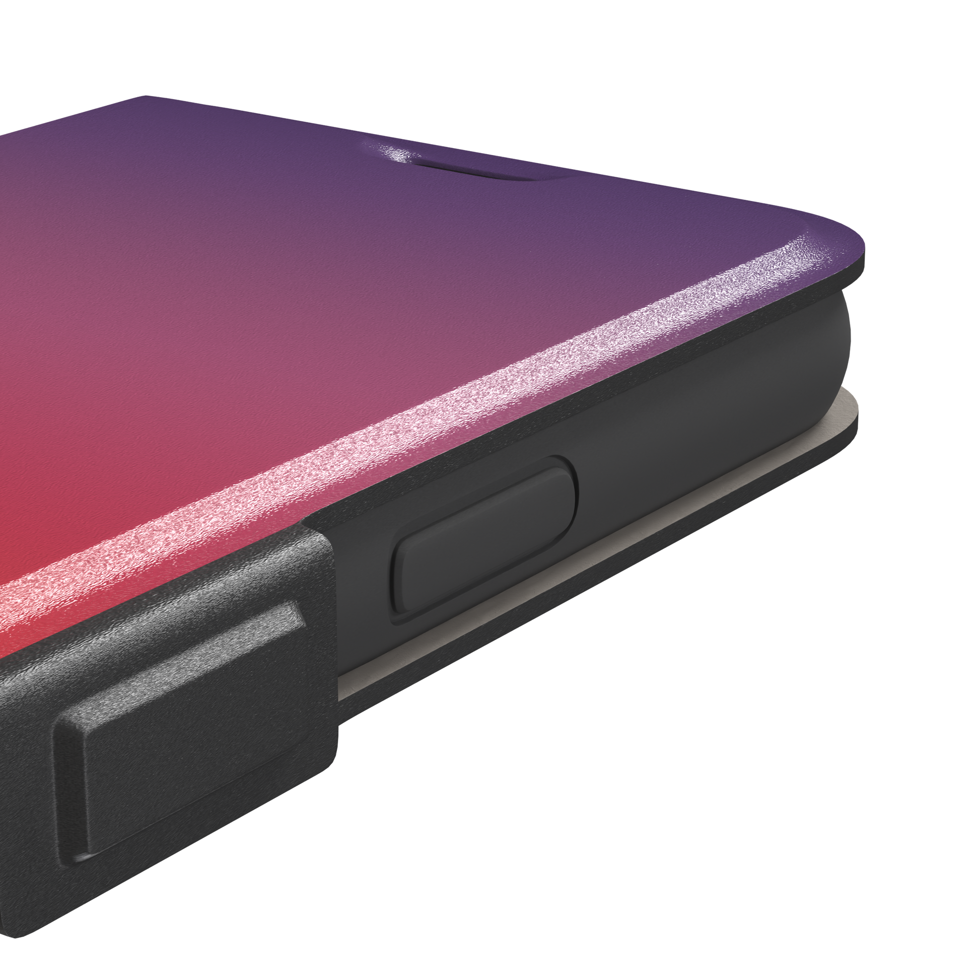 Sunrise phone case with a smooth gradient from deep purple through coral red to warm orange, part of the Memories of Summer collection, phone case by Caselier — wallet case, volume buttons detail