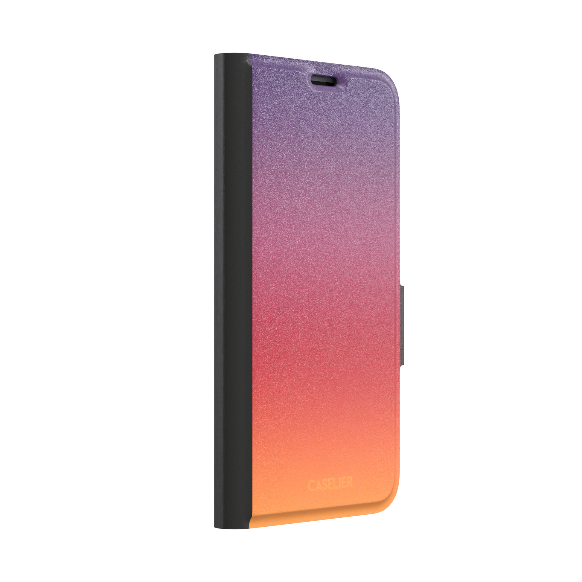 Sunrise phone case with a smooth gradient from deep purple through coral red to warm orange, part of the Memories of Summer collection, phone case by Caselier — wallet case, left view