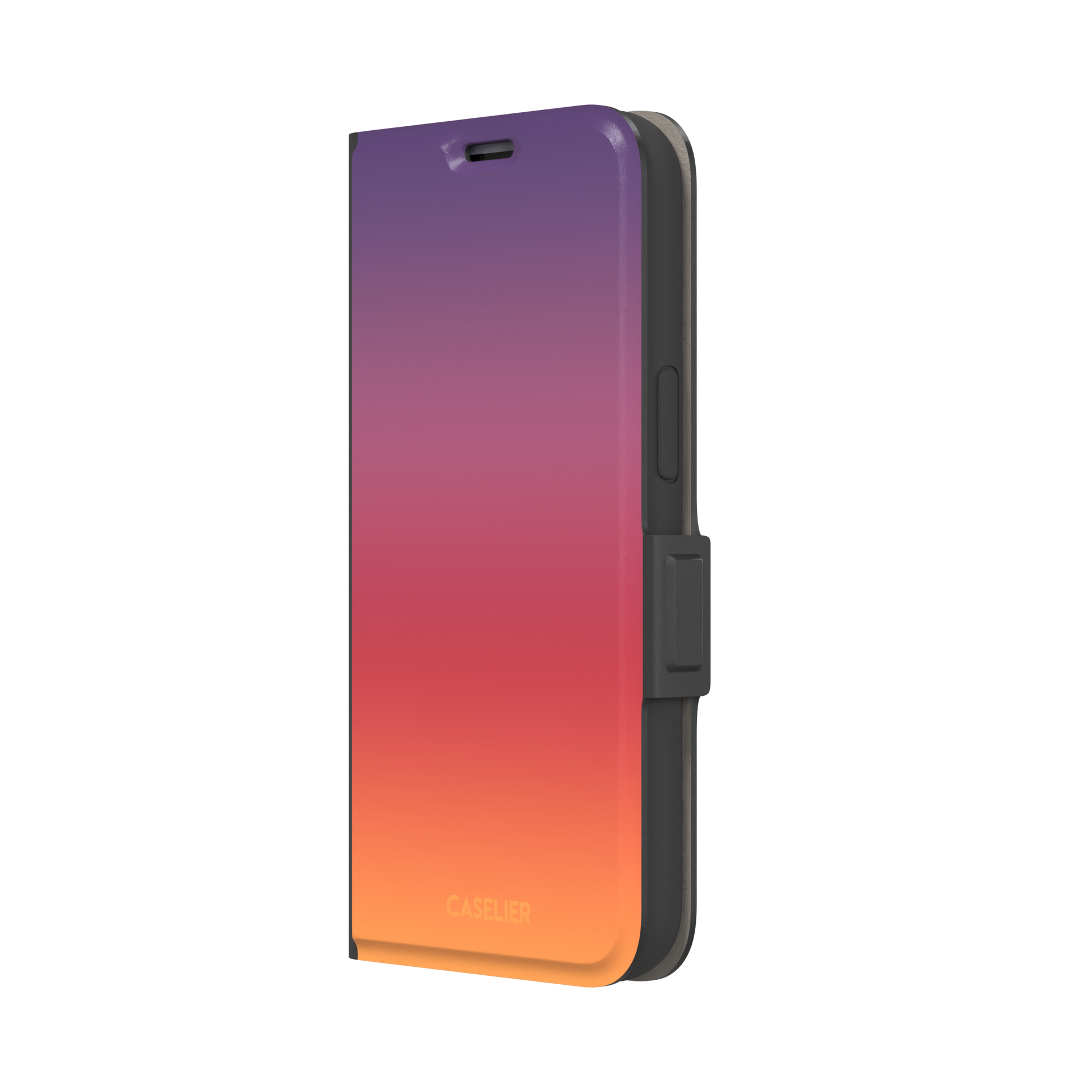 Sunrise phone case with a smooth gradient from deep purple through coral red to warm orange, part of the Memories of Summer collection, phone case by Caselier — wallet case, right view