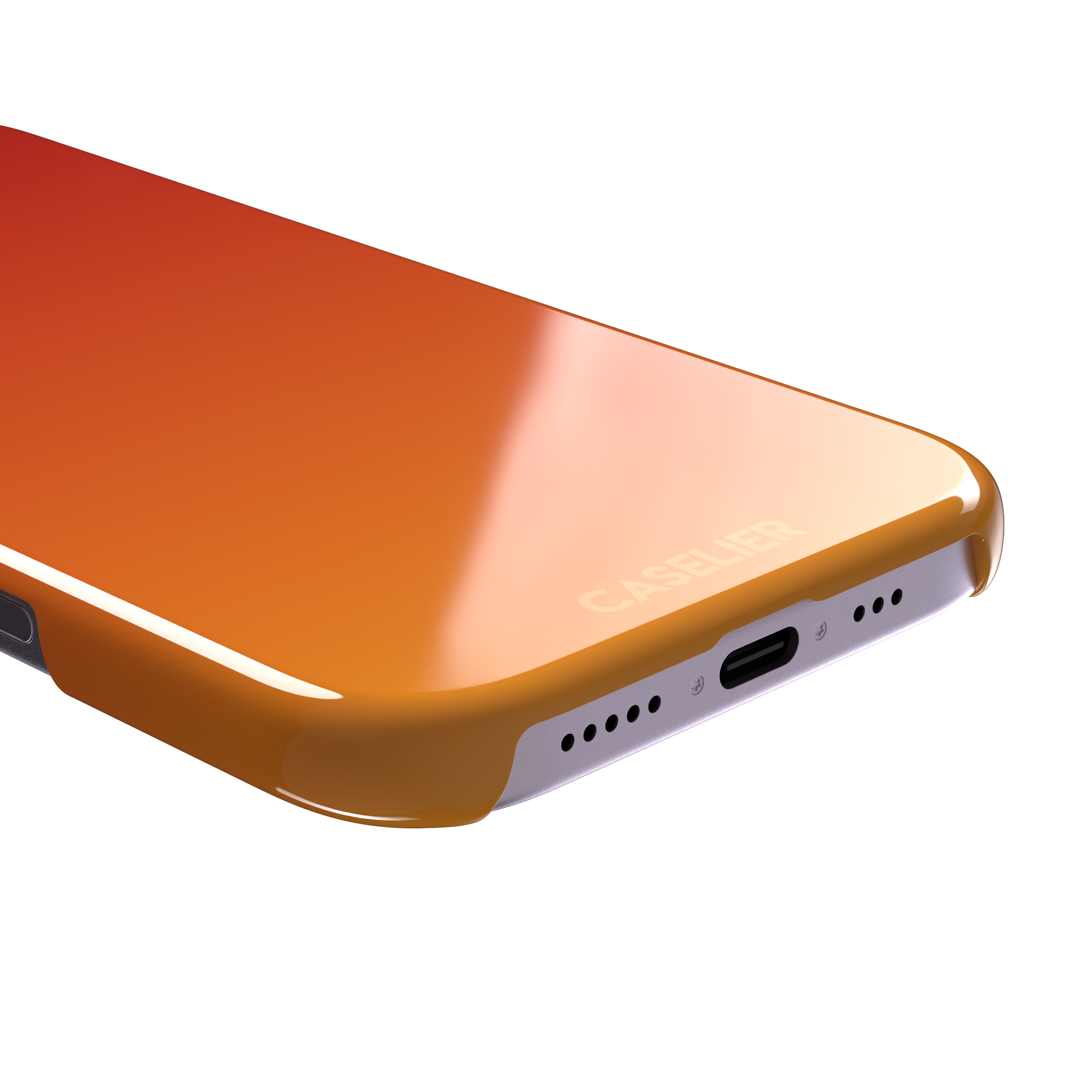 Sunset phone case with a smooth red to orange gradient, part of the Memories of Summer collection — snap case, charging port detail