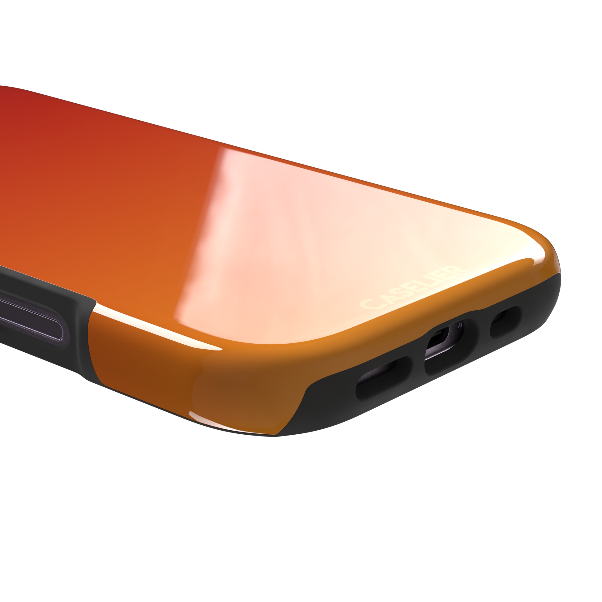 Sunset phone case with a smooth red to orange gradient, part of the Memories of Summer collection — tough case, charging port detail