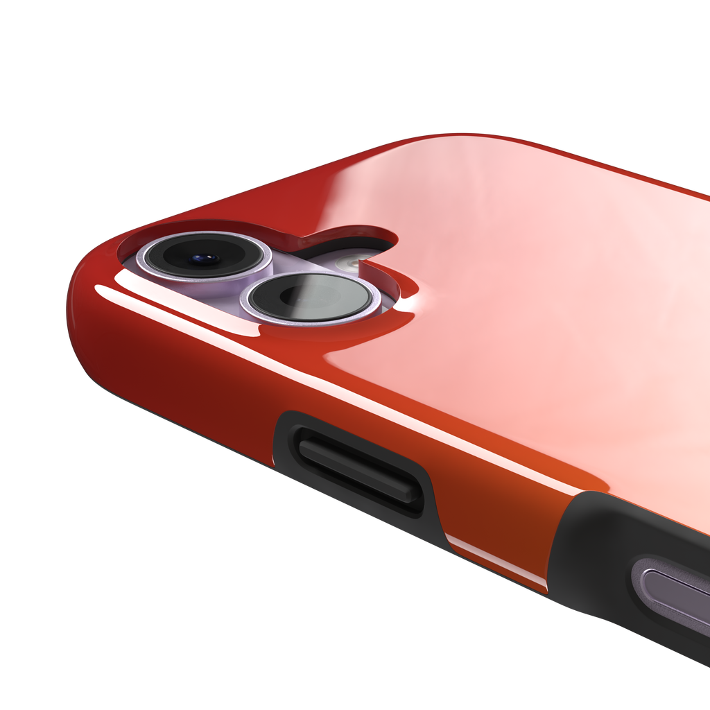 Sunset phone case with a smooth red to orange gradient, part of the Memories of Summer collection — tough case, volume buttons detail