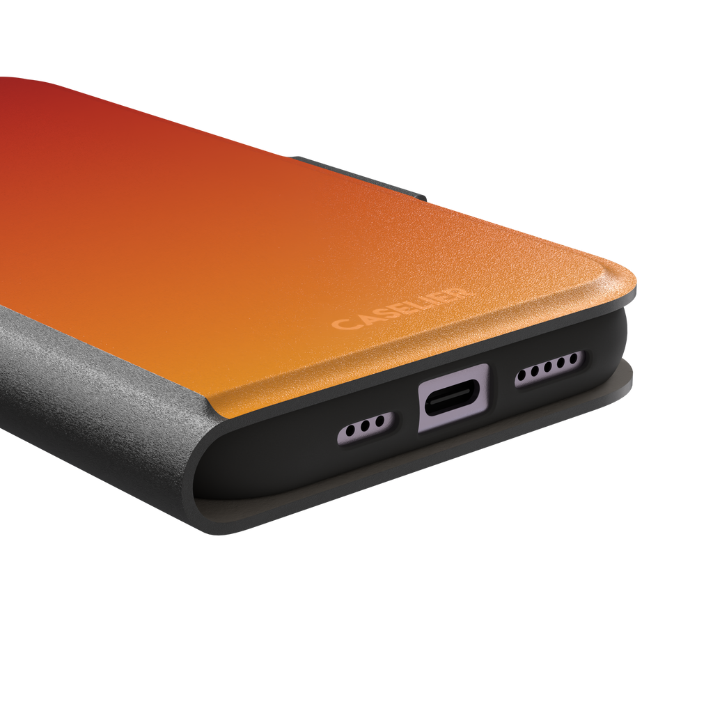 Sunset phone case with a smooth red to orange gradient, part of the Memories of Summer collection — wallet case, charging port detail