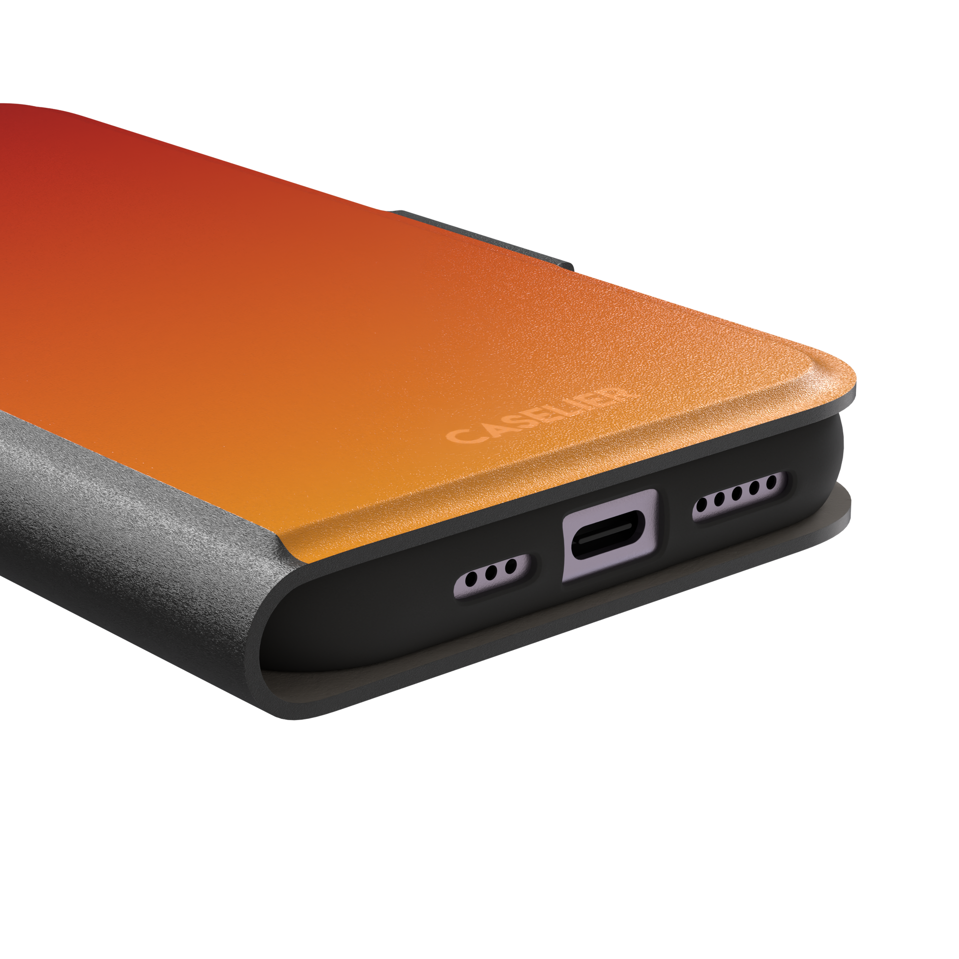 Sunset phone case with a smooth red to orange gradient, part of the Memories of Summer collection — wallet case, charging port detail