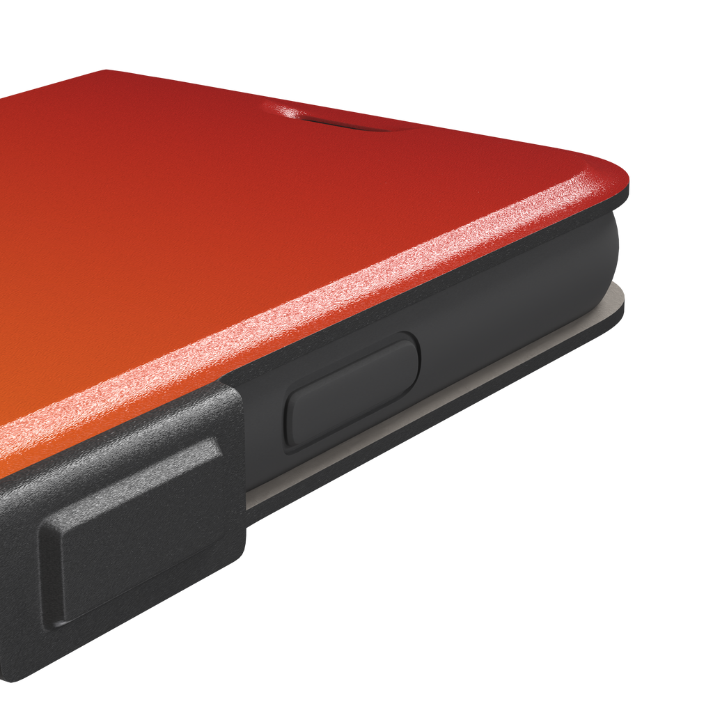 Sunset phone case with a smooth red to orange gradient, part of the Memories of Summer collection — wallet case, volume buttons detail