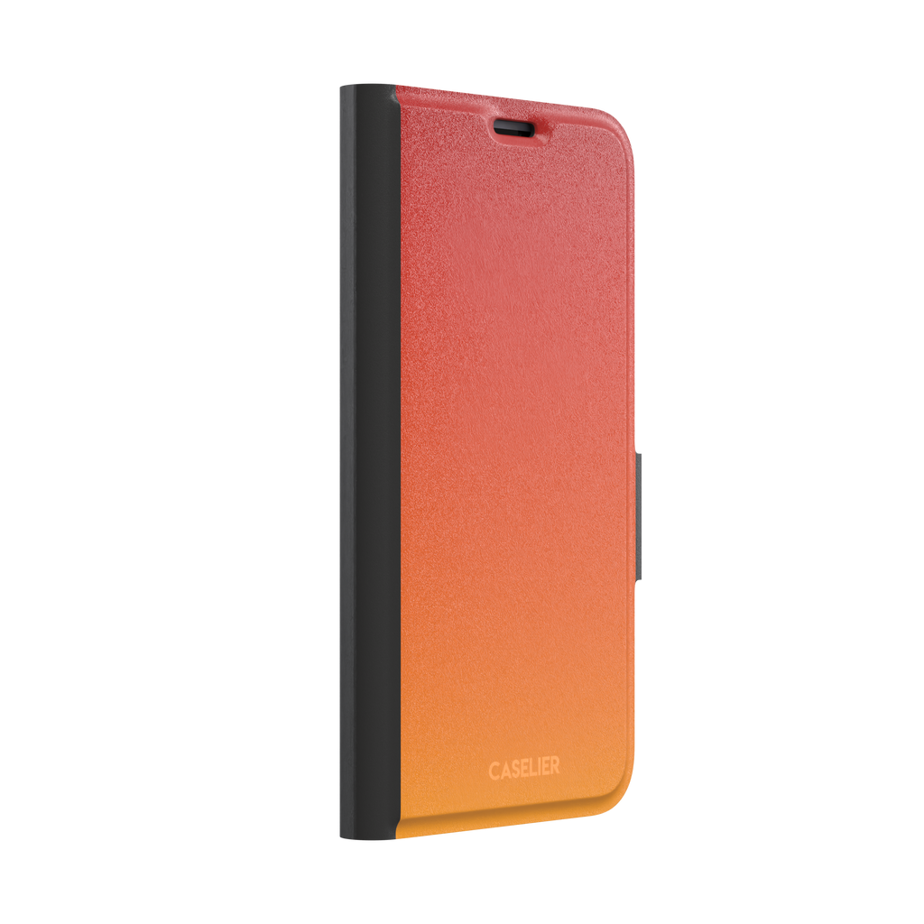Sunset phone case with a smooth red to orange gradient, part of the Memories of Summer collection — wallet case, left view