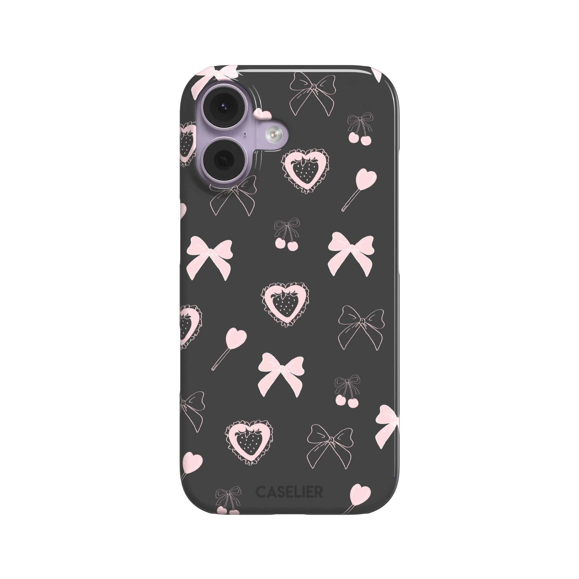 Sweetness Overload phone case in dark charcoal grey with pink bows, cherries, heart lollipops and frilled strawberry heart illustrations — snap case, front view