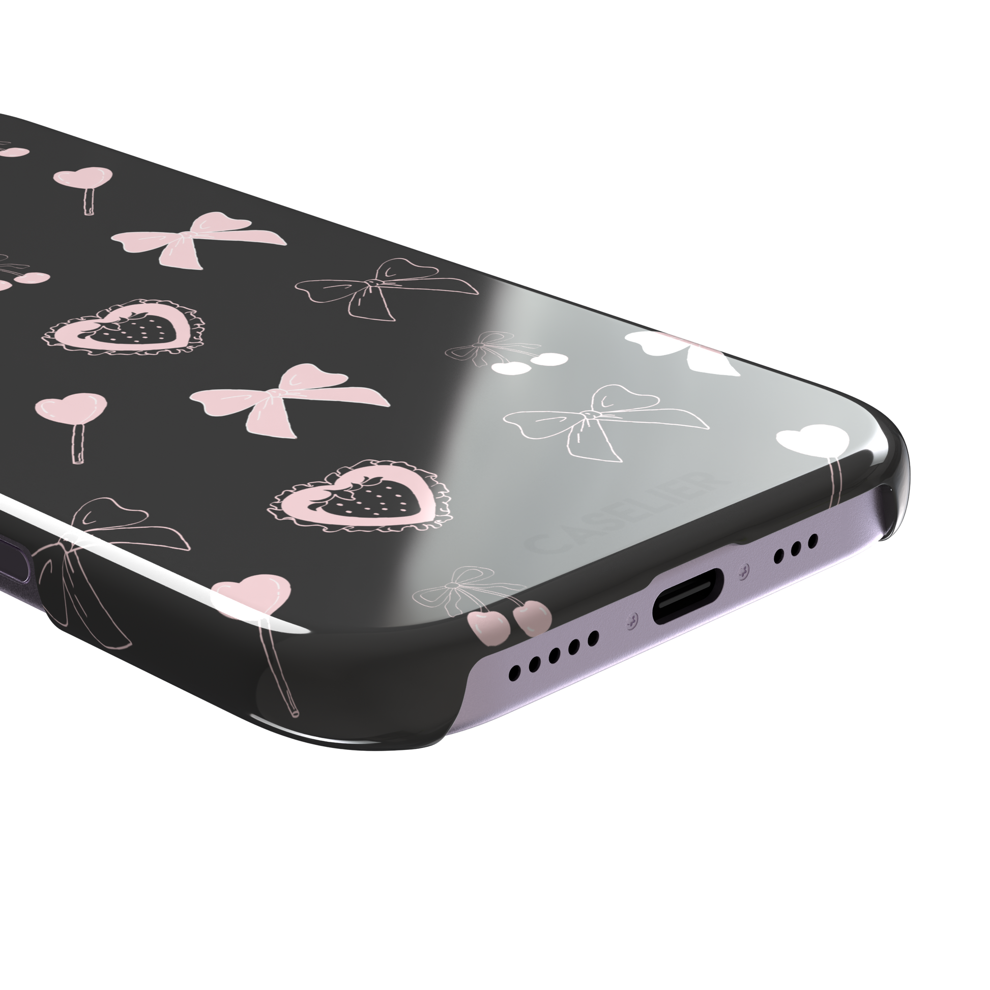 Sweetness Overload phone case in dark charcoal grey with pink bows, cherries, heart lollipops and frilled strawberry heart illustrations — snap case, charging port detail