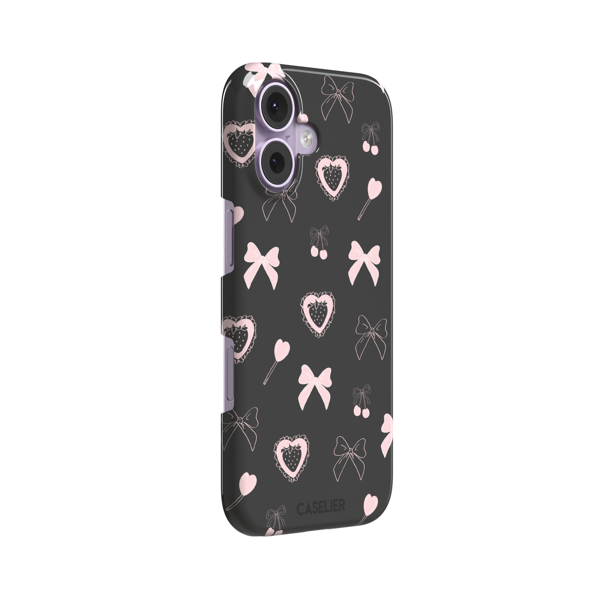 Sweetness Overload phone case in dark charcoal grey with pink bows, cherries, heart lollipops and frilled strawberry heart illustrations — snap case, left view