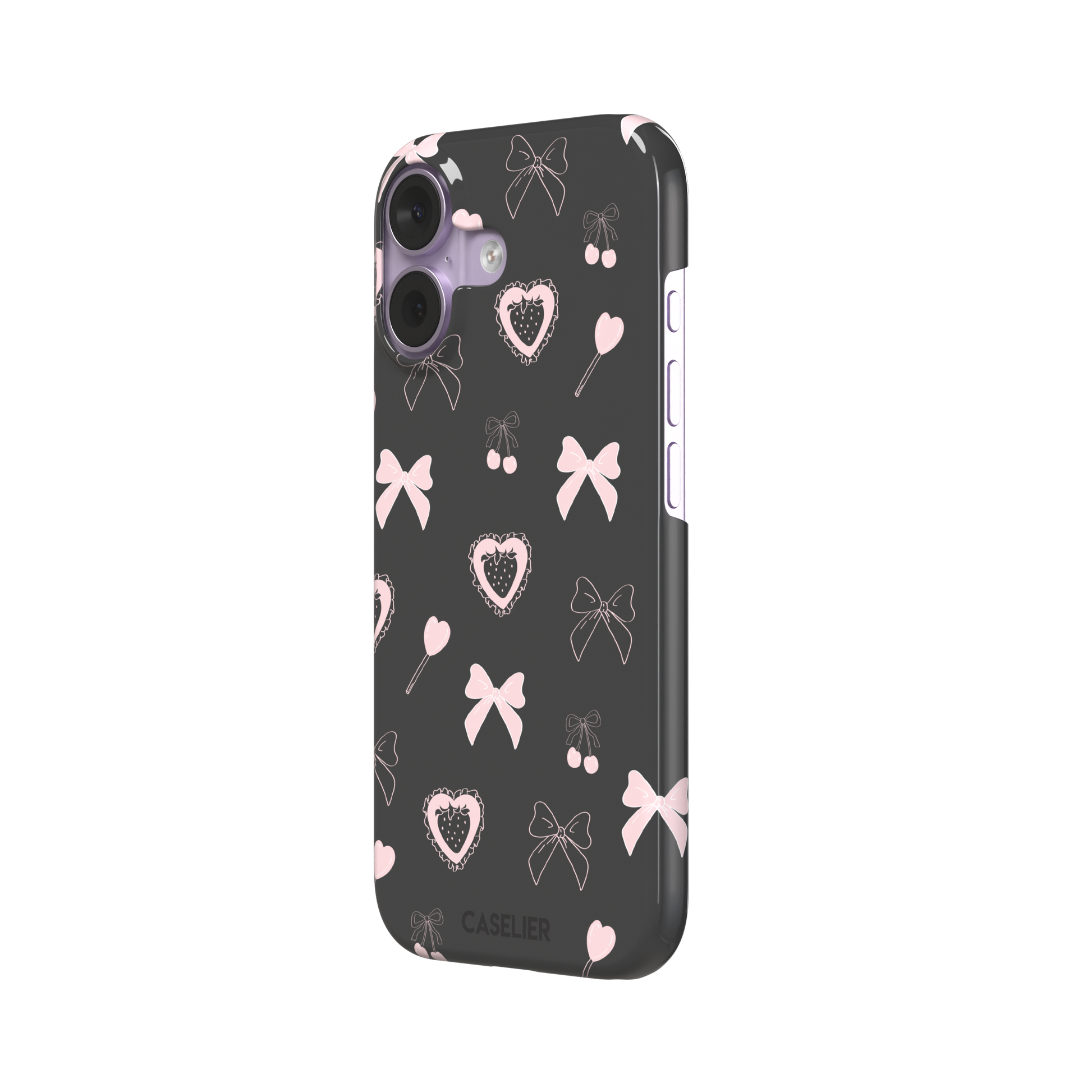 Sweetness Overload phone case in dark charcoal grey with pink bows, cherries, heart lollipops and frilled strawberry heart illustrations — snap case, right view