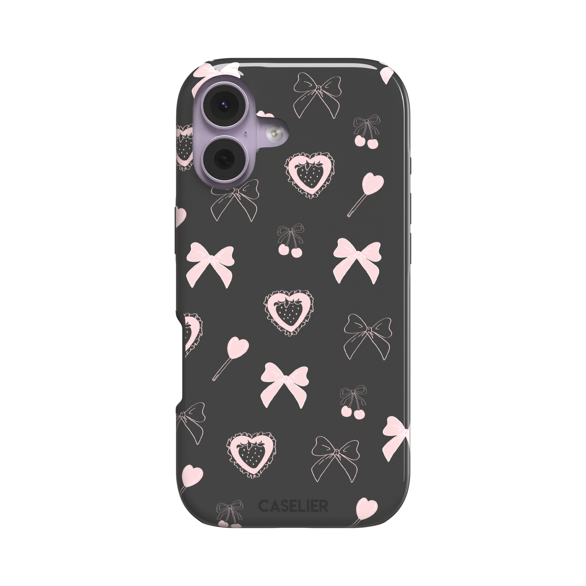 Sweetness Overload phone case in dark charcoal grey with pink bows, cherries, heart lollipops and frilled strawberry heart illustrations — tough case, front view