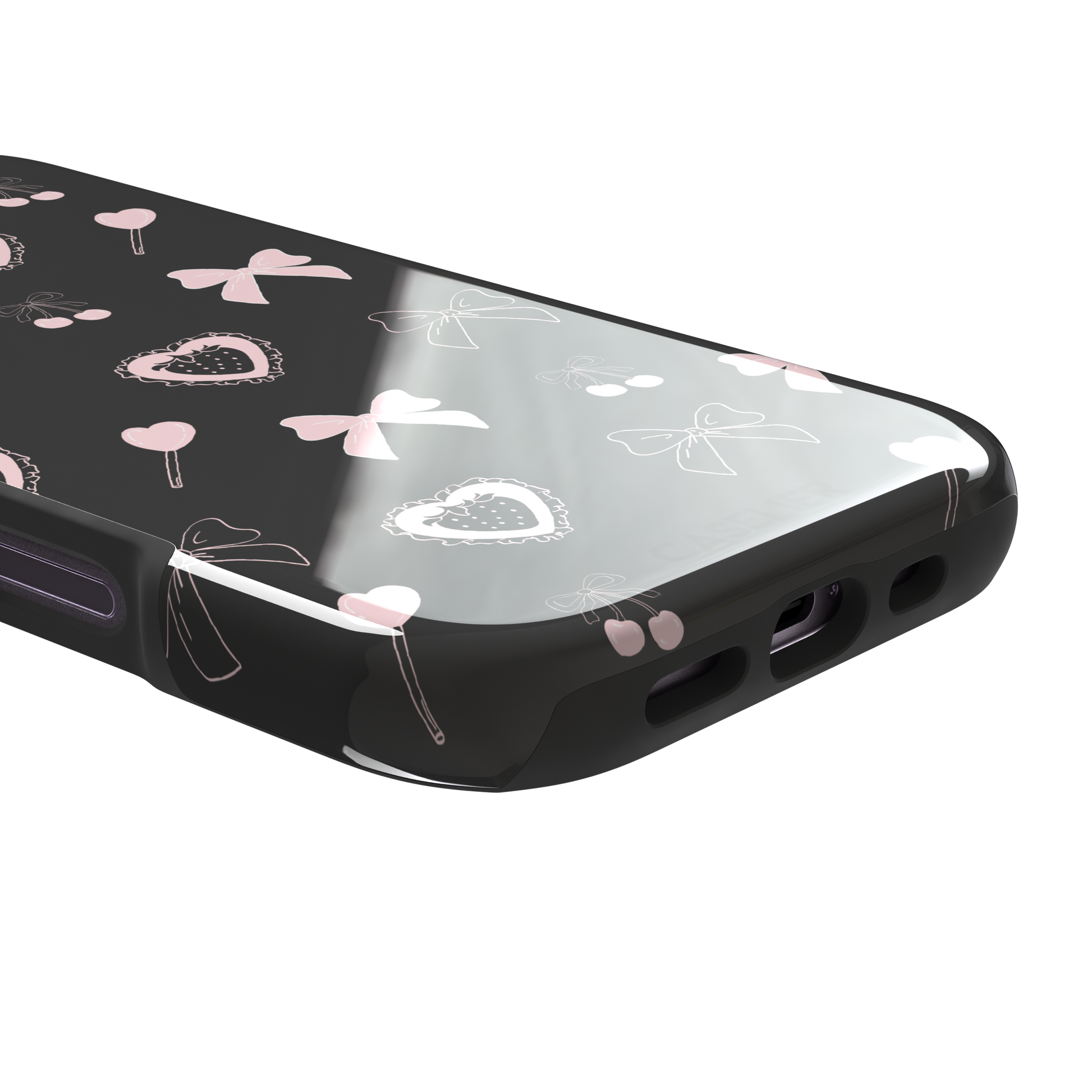 Sweetness Overload phone case in dark charcoal grey with pink bows, cherries, heart lollipops and frilled strawberry heart illustrations — tough case, charging port detail
