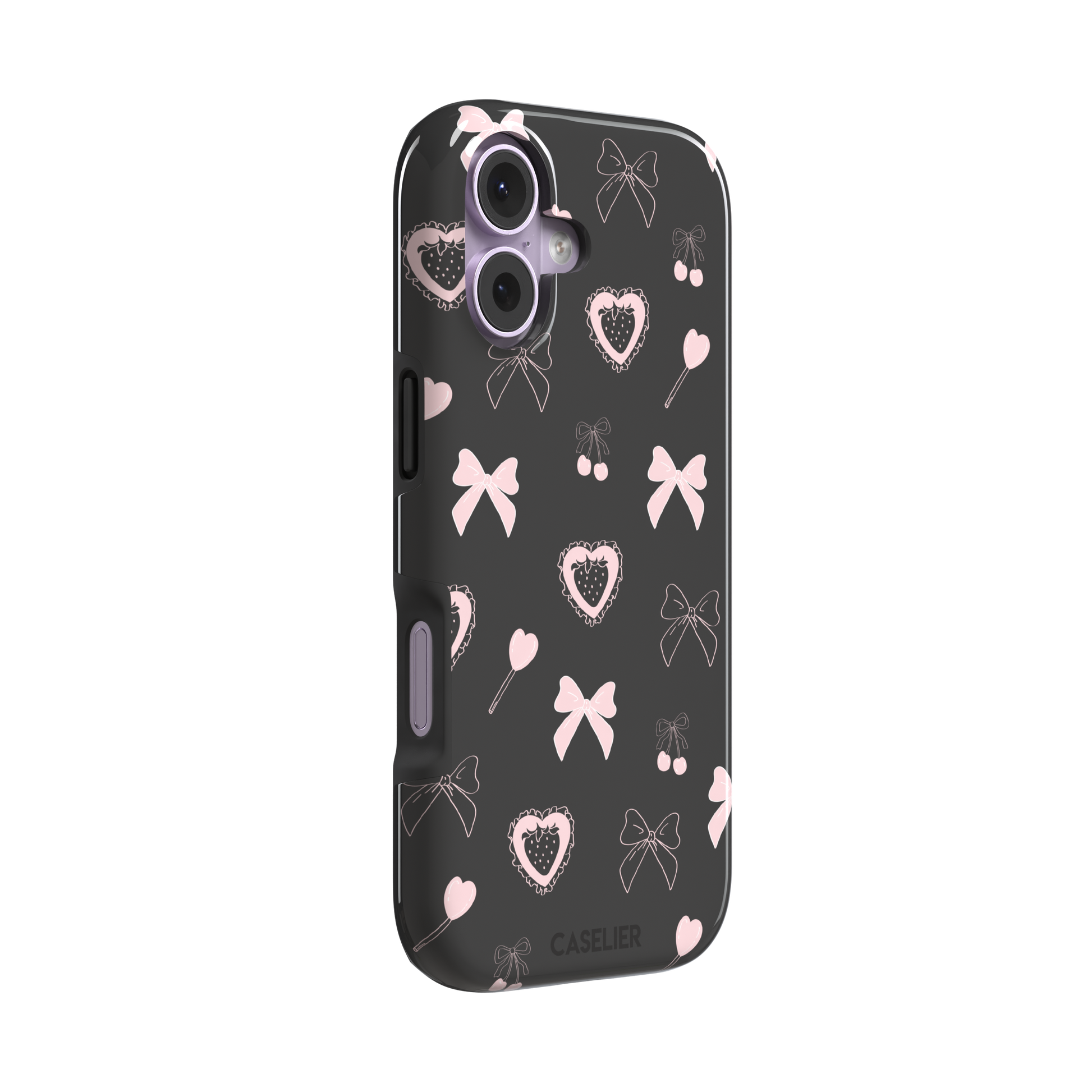 Sweetness Overload phone case in dark charcoal grey with pink bows, cherries, heart lollipops and frilled strawberry heart illustrations — tough case, left view