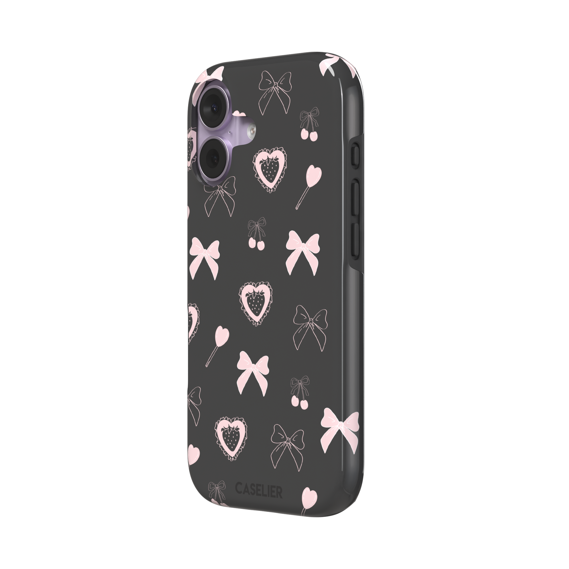 Sweetness Overload phone case in dark charcoal grey with pink bows, cherries, heart lollipops and frilled strawberry heart illustrations — tough case, right view