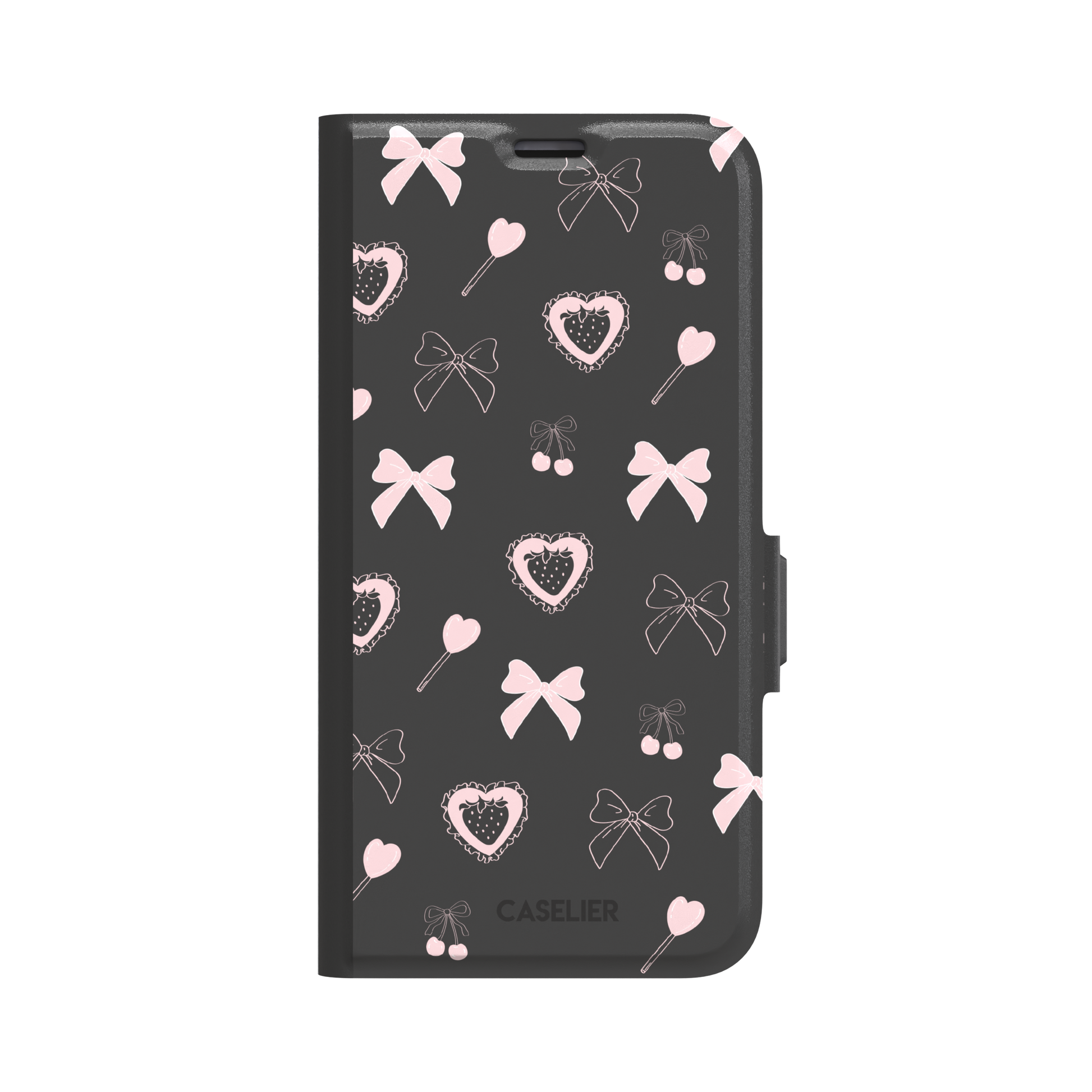 Sweetness Overload phone case in dark charcoal grey with pink bows, cherries, heart lollipops and frilled strawberry heart illustrations — wallet case, front view
